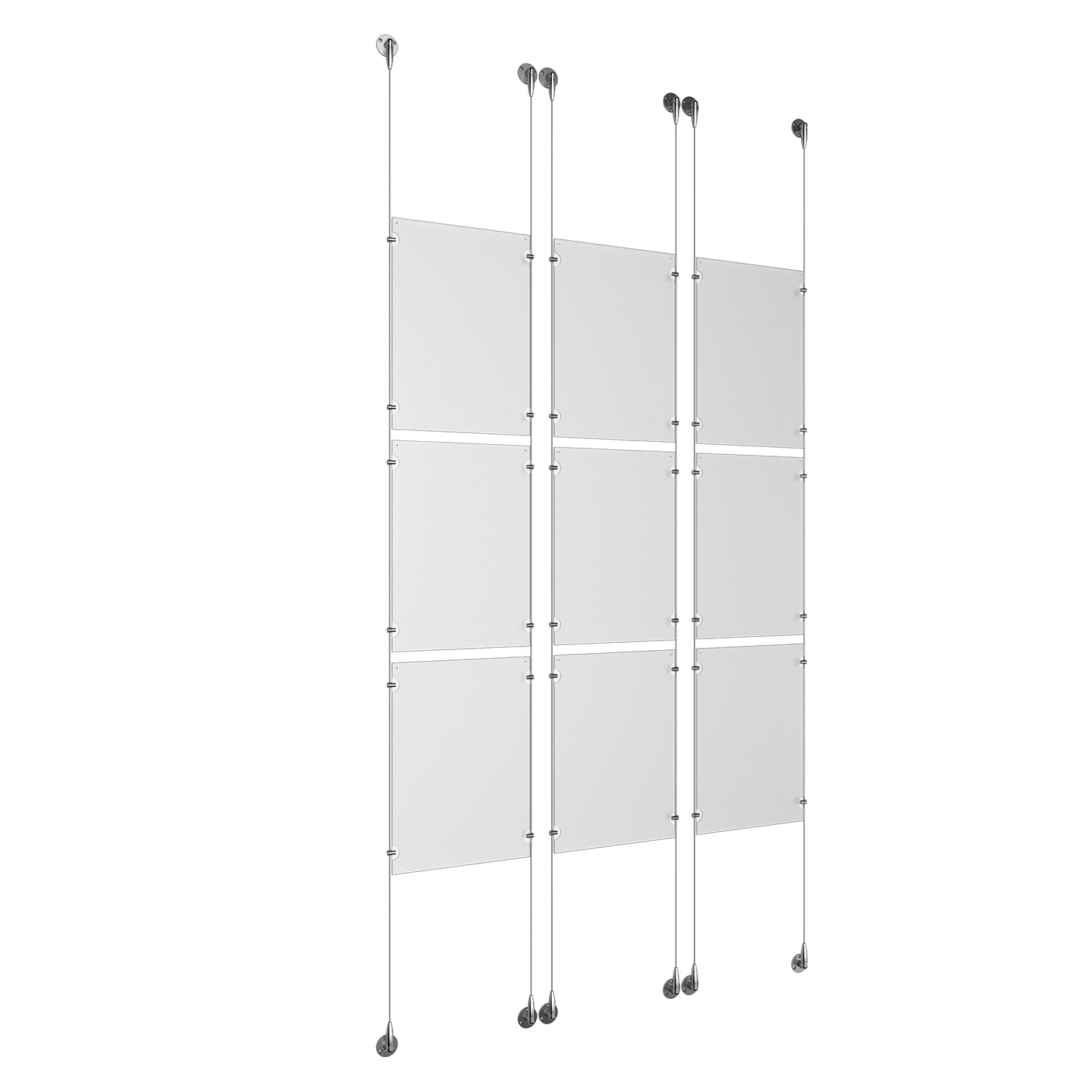 (3) 11'' Width x 17'' Height Clear Acrylic Frame & (1) Aluminum Chrome Polished Adjustable Angle Signature Cable Systems with (6) Single-Sided Panel Grippers (6) Double-Sided Panel Grippers