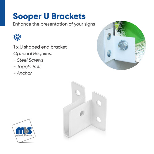 Sooper ''U'' Brackets for Solid Sign Substrate Mounting - for 1/4'' Material Corners - White Powder Coated Aluminum (1 ea.)