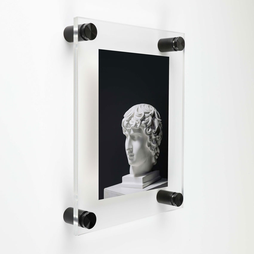 (2) 11'' x 13-1/2'' Clear Acrylics , Pre-Drilled With Polished Edges (Thick 1/8'' each), Wall Frame with (4) 3/4'' x 1/2'' Black Anodized Aluminum Standoffs includes Screws and Anchors