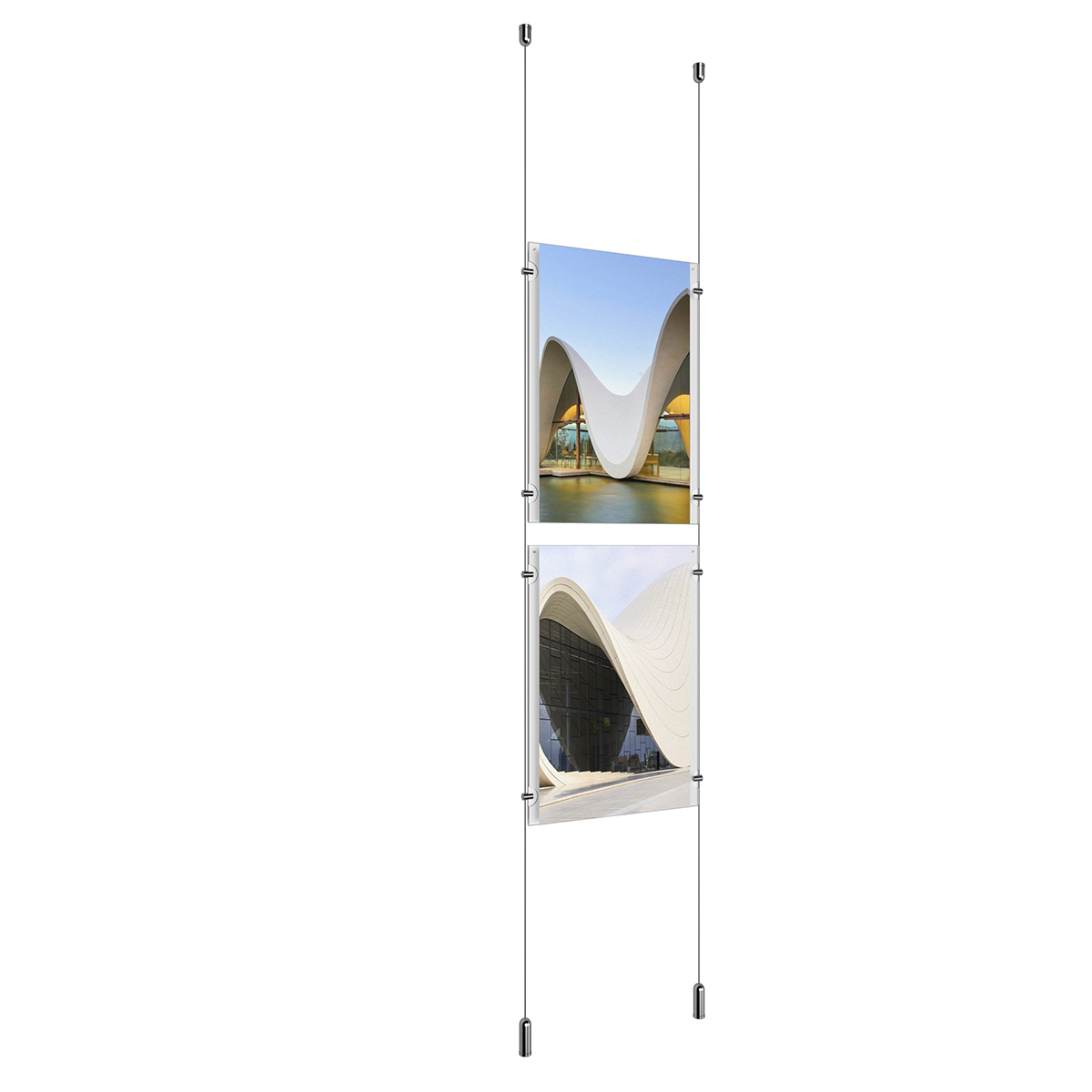 (2) 11'' Width x 17'' Height Clear Acrylic Frame & (2) Ceiling-to-Floor Aluminum Clear Anodized Cable Systems with (8) Single-Sided Panel Grippers
