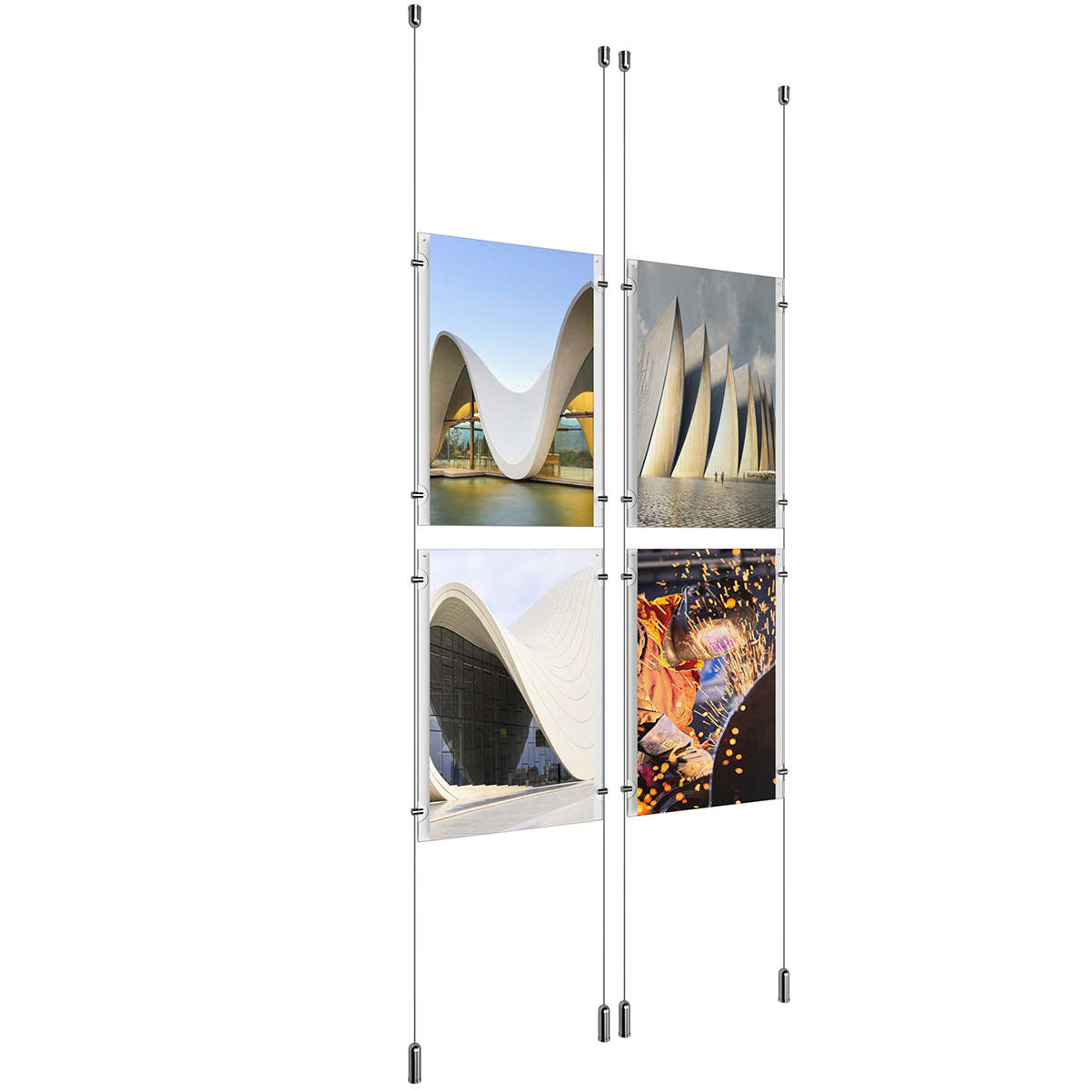 (4) 11'' Width x 17'' Height Clear Acrylic Frame & (4) Ceiling-to-Floor Aluminum Clear Anodized Cable Systems with (16) Single-Sided Panel Grippers