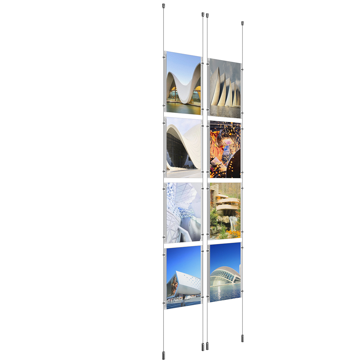 (8) 11'' Width x 17'' Height Clear Acrylic Frame & (4) Ceiling-to-Floor Aluminum Clear Anodized Cable Systems with (32) Single-Sided Panel Grippers