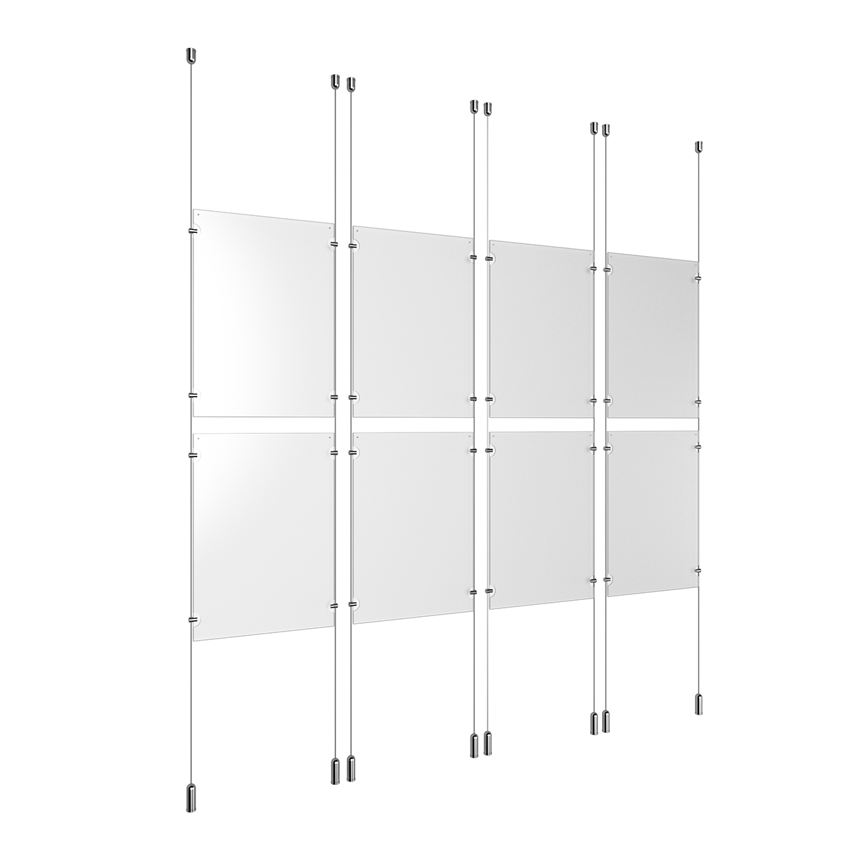 (8) 11'' Width x 17'' Height Clear Acrylic Frame & (8) Ceiling-to-Floor Aluminum Clear Anodized Cable Systems with (32) Single-Sided Panel Grippers