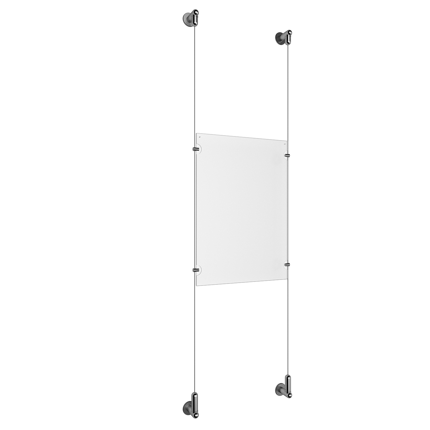 (1) 11'' Width x 17'' Height Clear Acrylic Frame & (2) Wall-to-Wall Aluminum Clear Anodized Cable Systems with (4) Single-Sided Panel Grippers