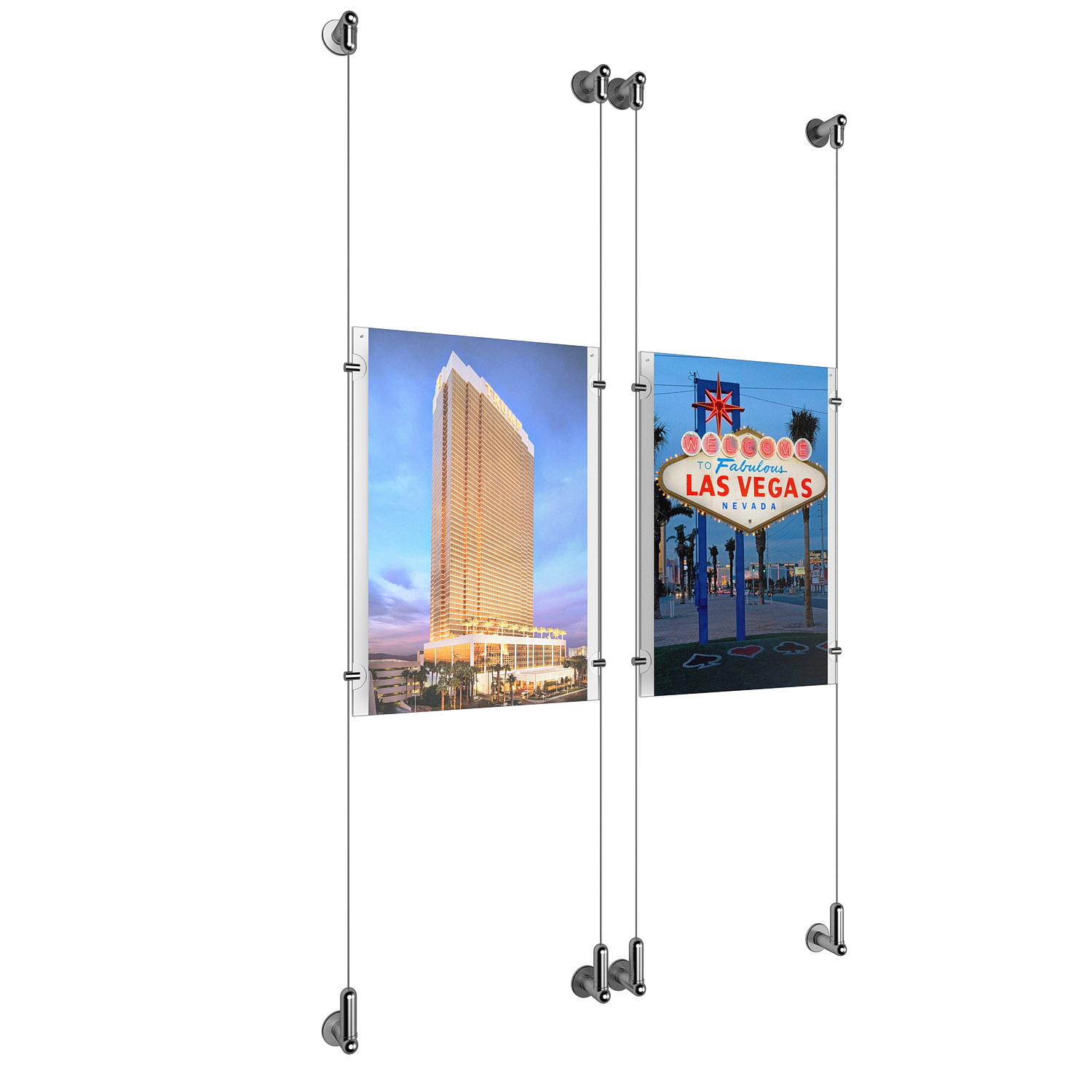 (2) 11'' Width x 17'' Height Clear Acrylic Frame & (4) Wall-to-Wall Aluminum Clear Anodized Cable Systems with (8) Single-Sided Panel Grippers