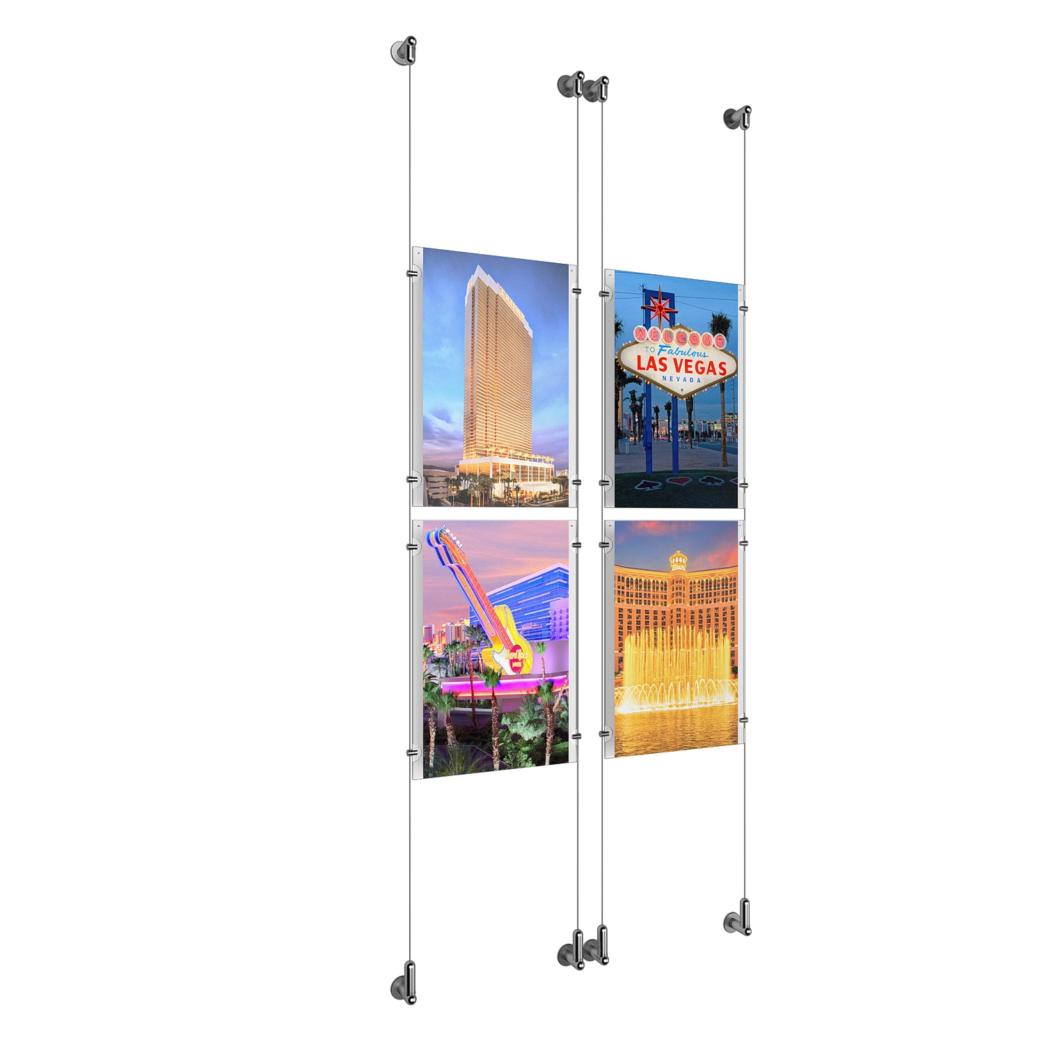 (4) 11'' Width x 17'' Height Clear Acrylic Frame & (4) Wall-to-Wall Aluminum Clear Anodized Cable Systems with (16) Single-Sided Panel Grippers