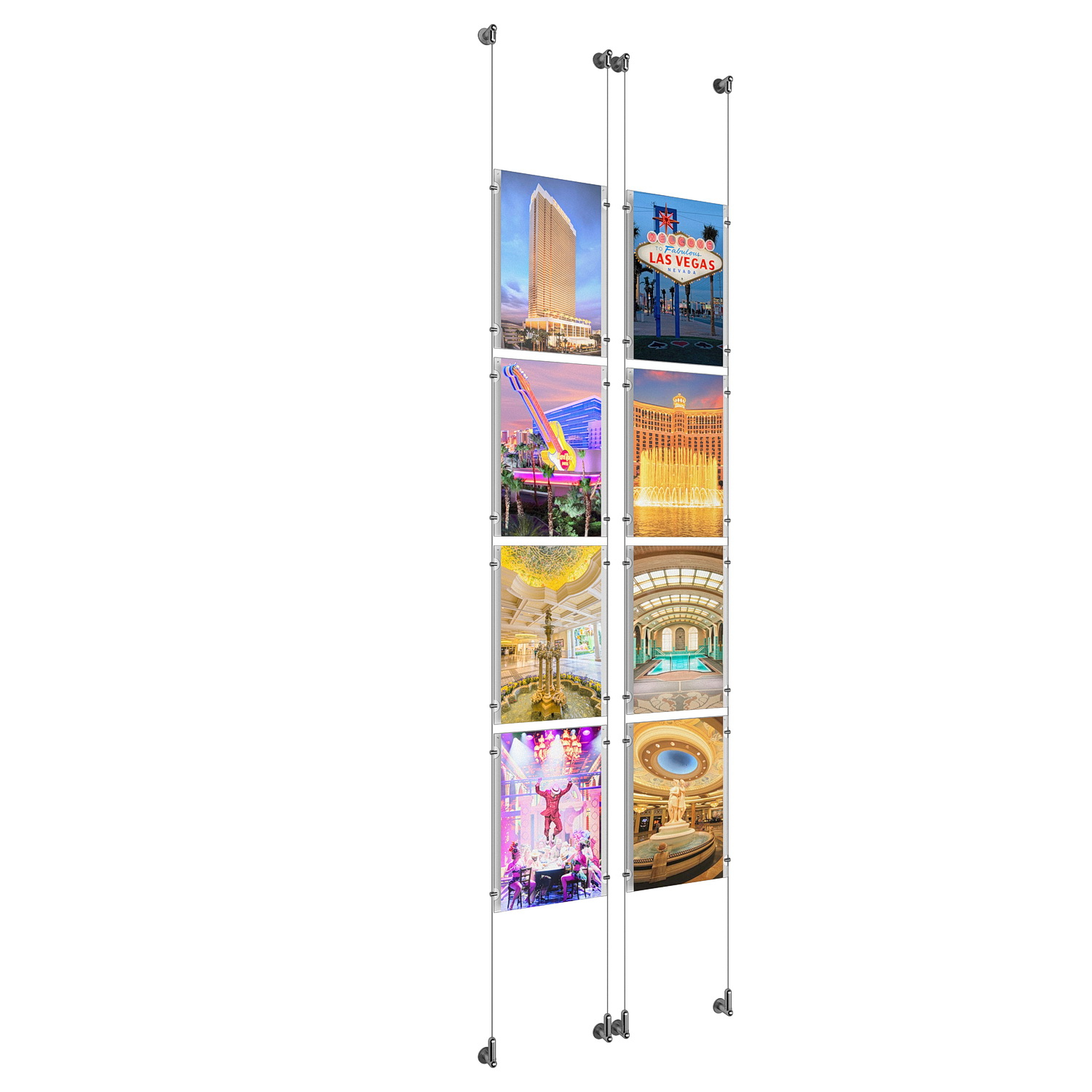 (8) 11'' Width x 17'' Height Clear Acrylic Frame & (4) Wall-to-Wall Aluminum Clear Anodized Cable Systems with (32) Single-Sided Panel Grippers