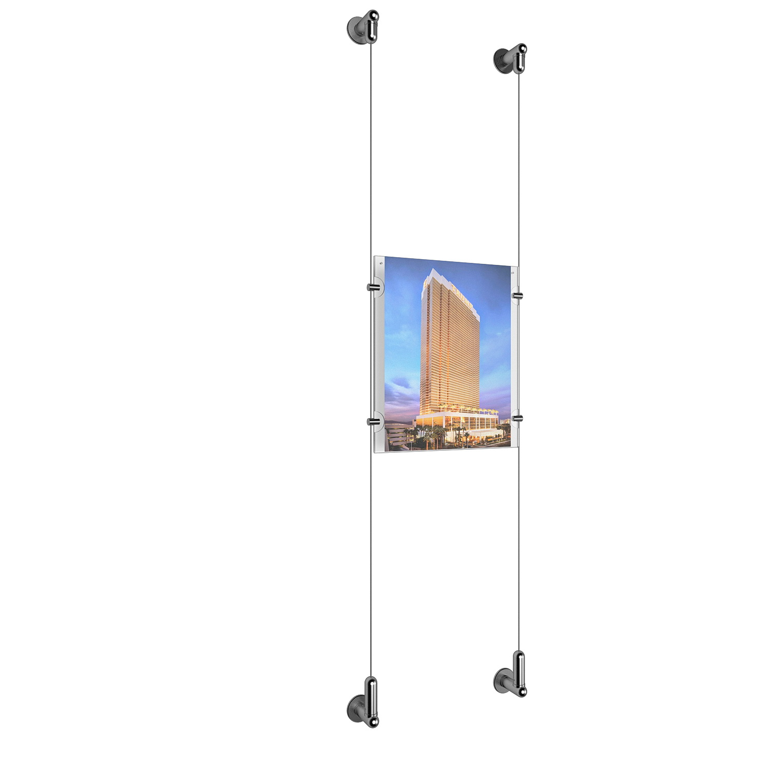 (1) 8-1/2'' Width x 11'' Height Clear Acrylic Frame & (2) Wall-to-Wall Aluminum Clear Anodized Cable Systems with (4) Single-Sided Panel Grippers