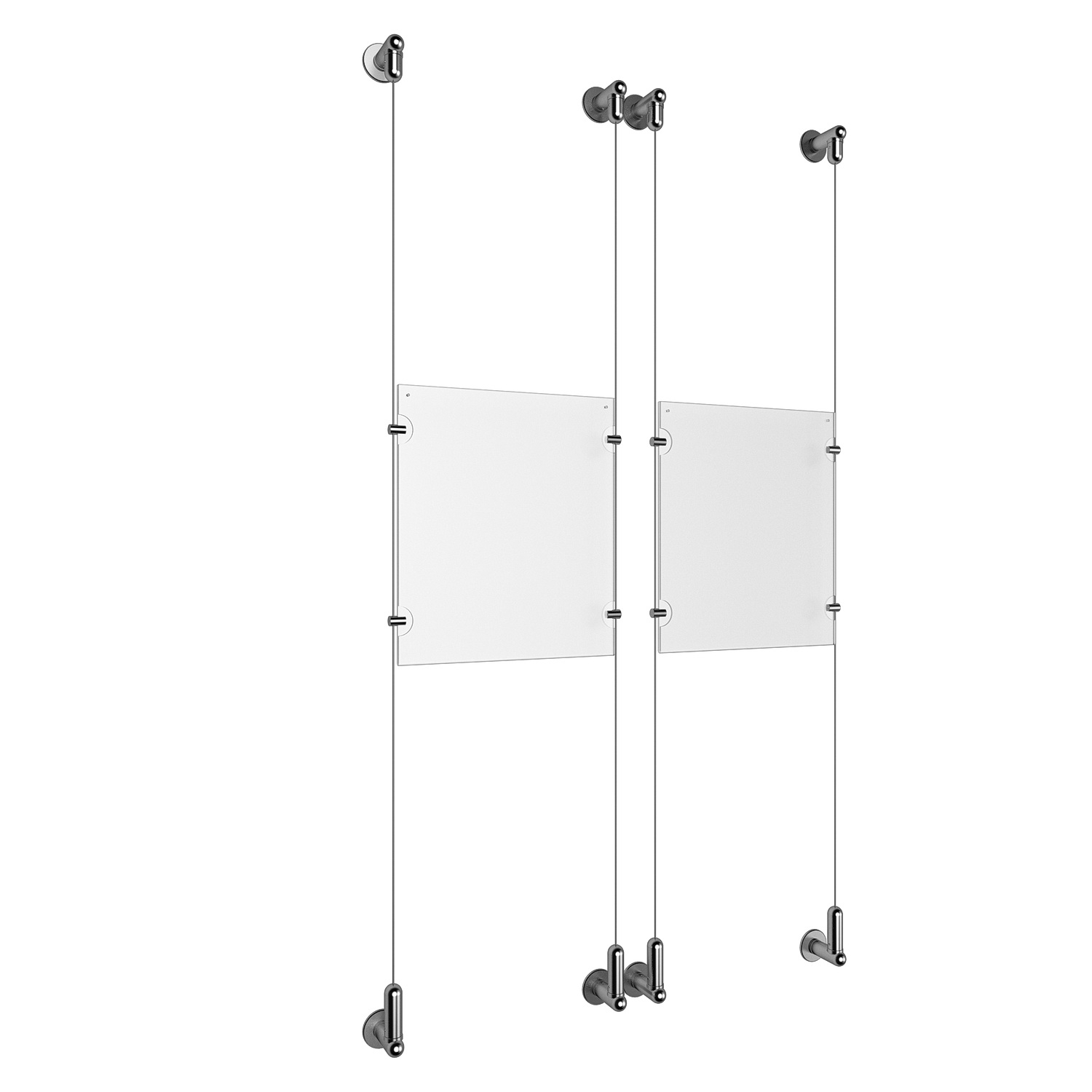 (2) 8-1/2'' Width x 11'' Height Clear Acrylic Frame & (4) Wall-to-Wall Aluminum Clear Anodized Cable Systems with (8) Single-Sided Panel Grippers