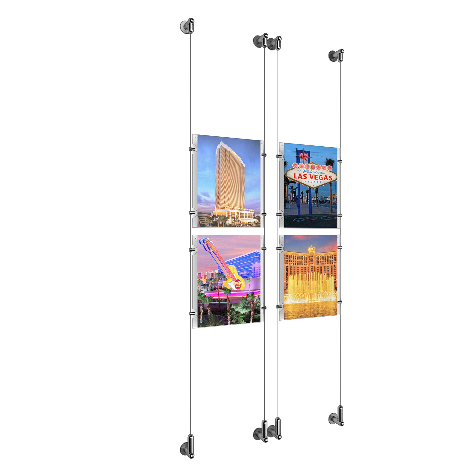 (4) 8-1/2'' Width x 11'' Height Clear Acrylic Frame & (4) Wall-to-Wall Aluminum Clear Anodized Cable Systems with (16) Single-Sided Panel Grippers