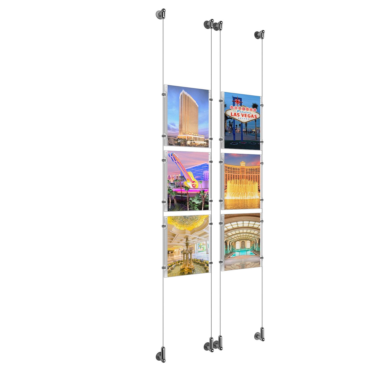 (6) 8-1/2'' Width x 11'' Height Clear Acrylic Frame & (4) Wall-to-Wall Aluminum Clear Anodized Cable Systems with (24) Single-Sided Panel Grippers