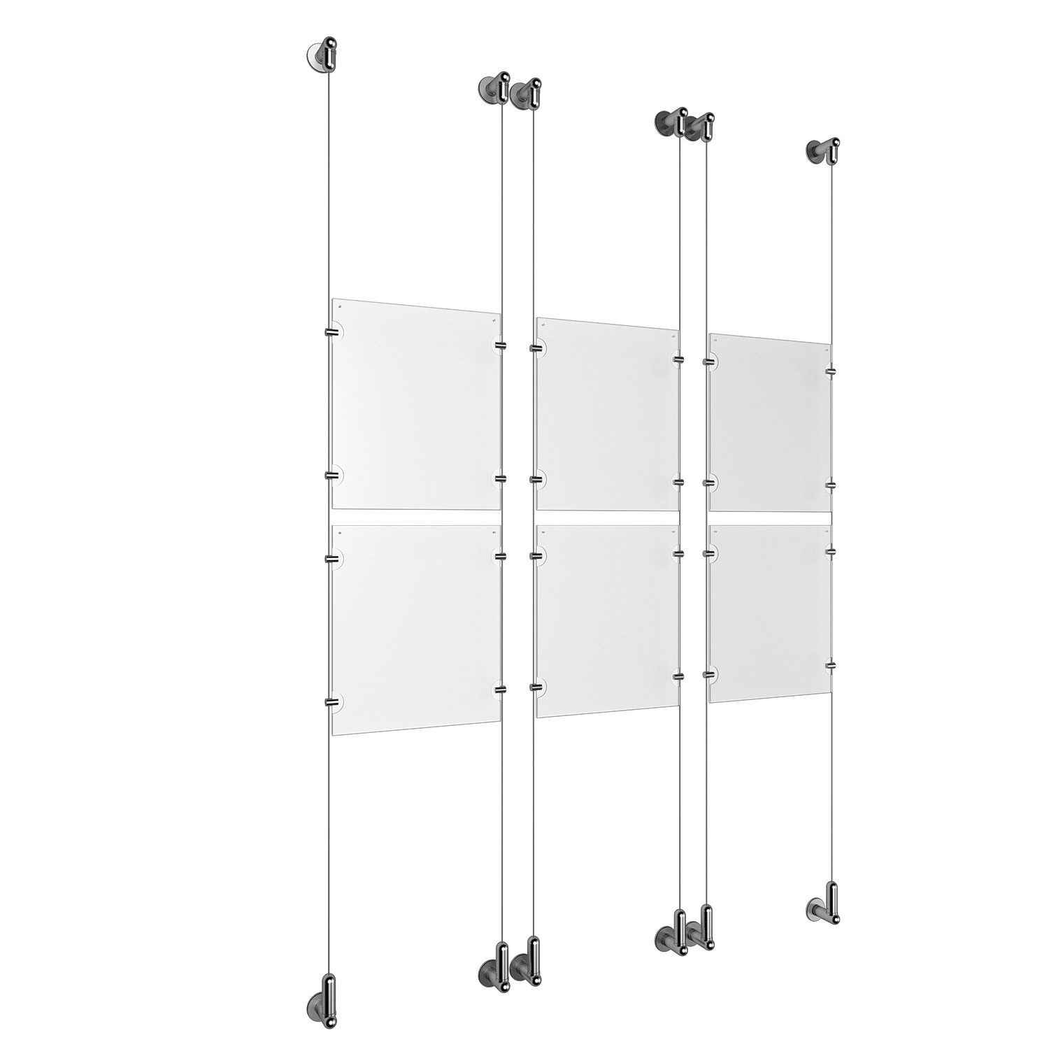 (6) 8-1/2'' Width x 11'' Height Clear Acrylic Frame & (6) Wall-to-Wall Aluminum Clear Anodized Cable Systems with (24) Single-Sided Panel Grippers