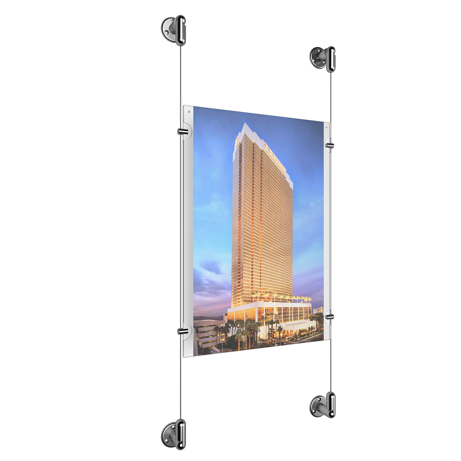 (1) 11'' Width x 17'' Height Clear Acrylic Frame & (2) Aluminum Clear Anodized Adjustable Angle Cable Systems with (4) Single-Sided Panel Grippers