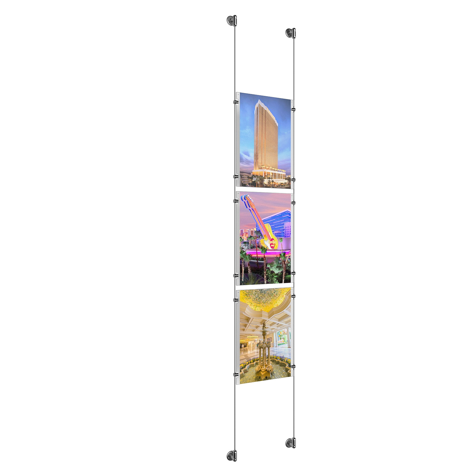 (3) 11'' Width x 17'' Height Clear Acrylic Frame & (2) Aluminum Clear Anodized Adjustable Angle Cable Systems with (12) Single-Sided Panel Grippers