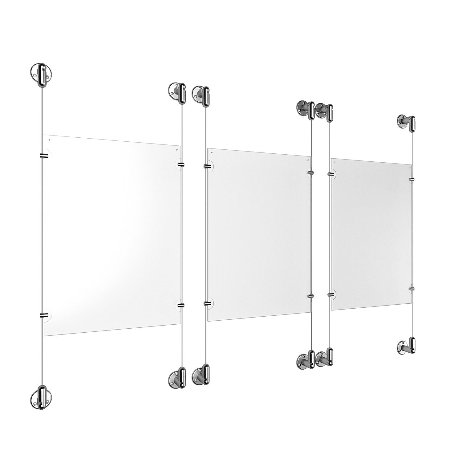 (3) 11'' Width x 17'' Height Clear Acrylic Frame & (6) Aluminum Clear Anodized Adjustable Angle Cable Systems with (12) Single-Sided Panel Grippers
