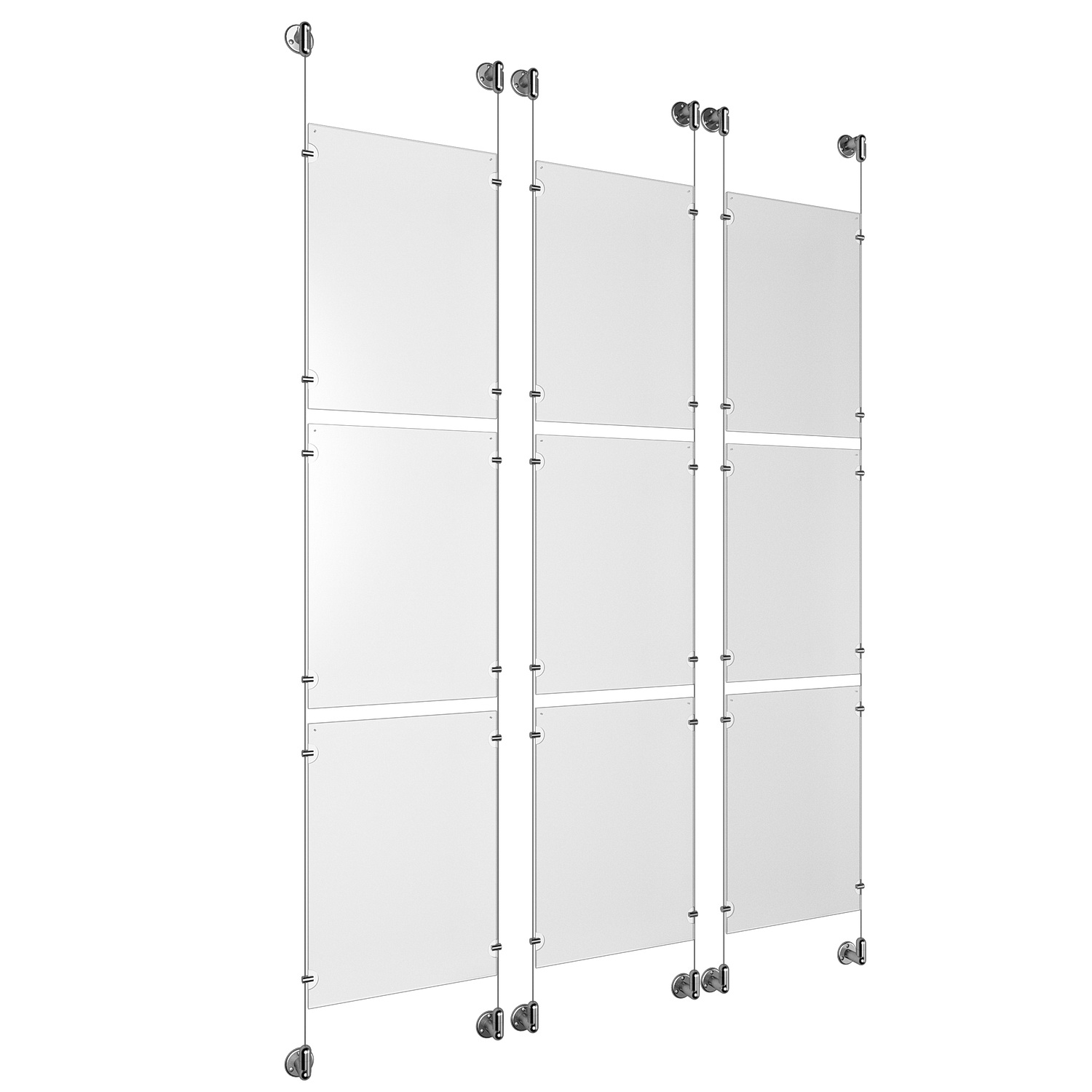 (9) 11'' Width x 17'' Height Clear Acrylic Frame & (6) Aluminum Clear Anodized Adjustable Angle Cable Systems with (36) Single-Sided Panel Grippers