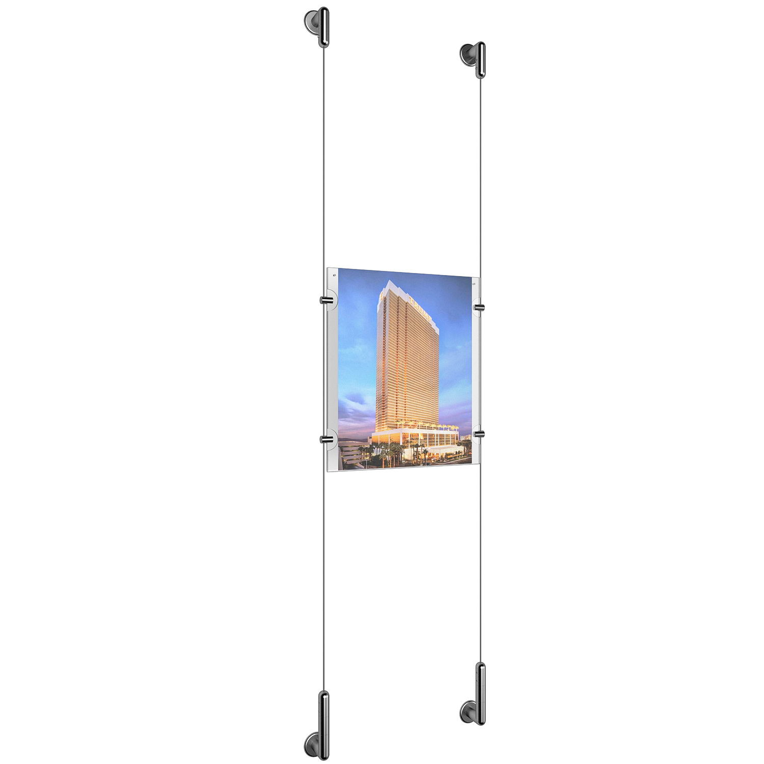 (1) 8-1/2'' Width x 11'' Height Clear Acrylic Frame & (2) Wall-to-Wall Stainless Steel Satin Brushed Cable Systems with (4) Single-Sided Panel Grippers