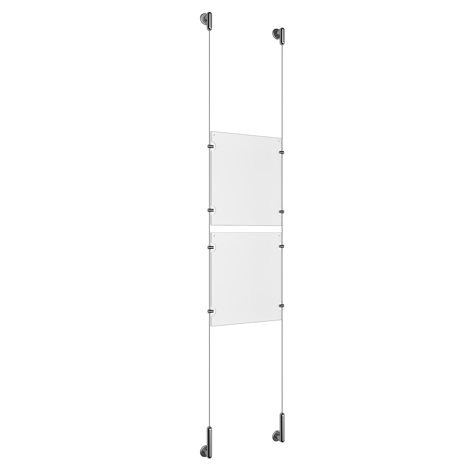 (2) 8-1/2'' Width x 11'' Height Clear Acrylic Frame & (2) Wall-to-Wall Stainless Steel Satin Brushed Cable Systems with (8) Single-Sided Panel Grippers