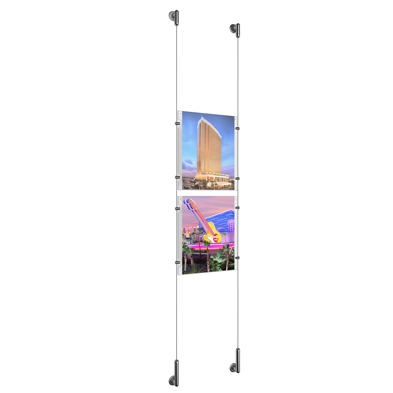 (2) 8-1/2'' Width x 11'' Height Clear Acrylic Frame & (2) Wall-to-Wall Stainless Steel Satin Brushed Cable Systems with (8) Single-Sided Panel Grippers