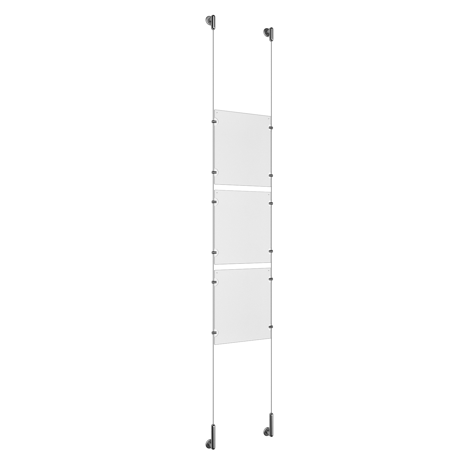 (3) 8-1/2'' Width x 11'' Height Clear Acrylic Frame & (2) Wall-to-Wall Stainless Steel Satin Brushed Cable Systems with (12) Single-Sided Panel Grippers