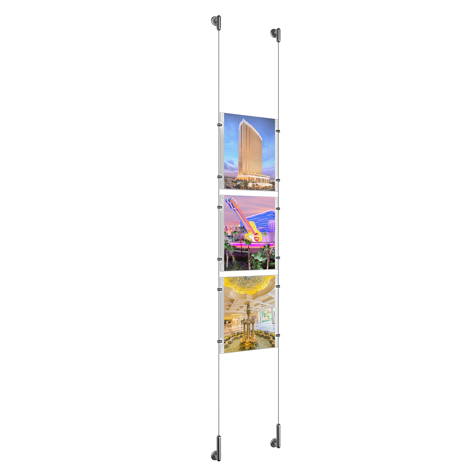 (3) 8-1/2'' Width x 11'' Height Clear Acrylic Frame & (2) Wall-to-Wall Stainless Steel Satin Brushed Cable Systems with (12) Single-Sided Panel Grippers