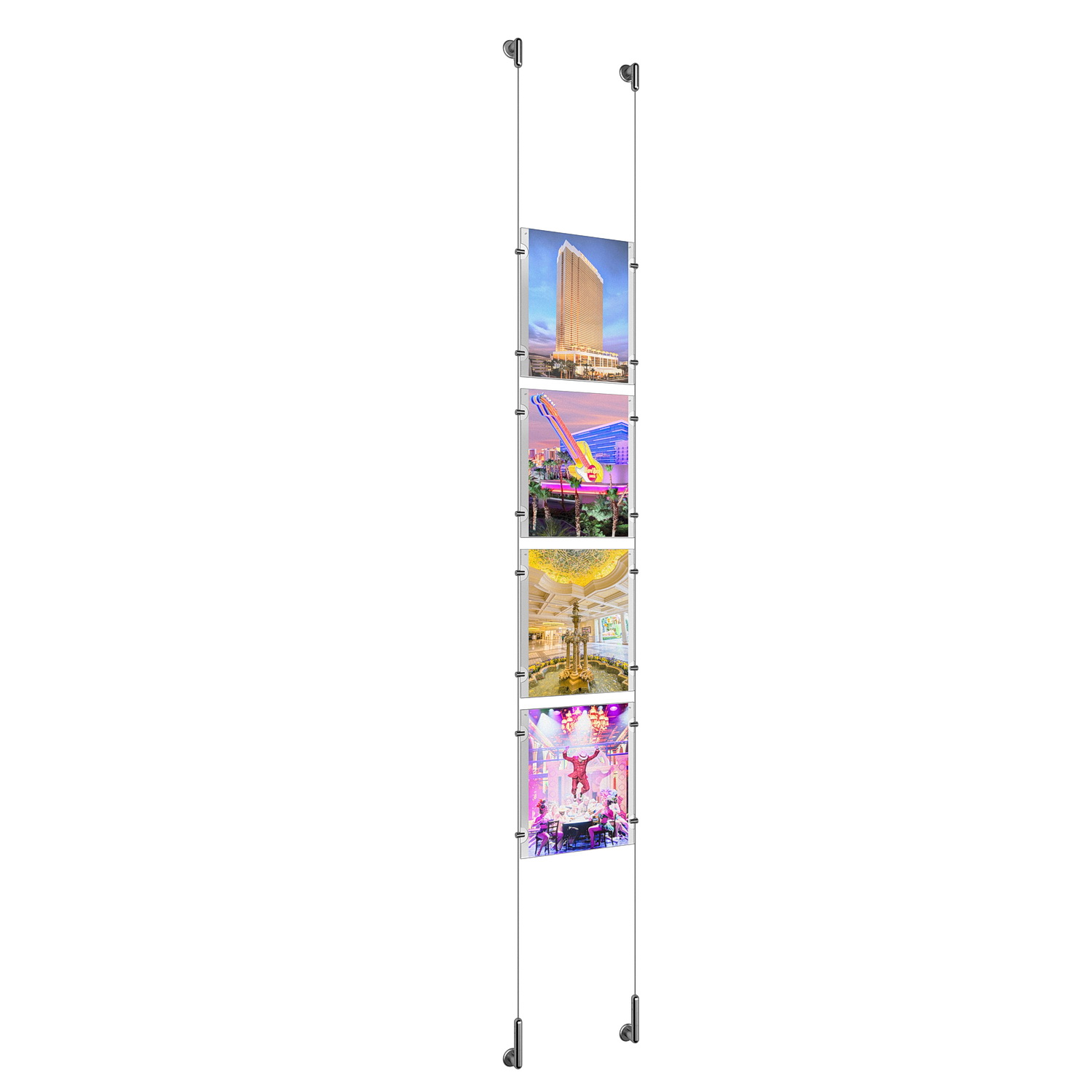 (4) 8-1/2'' Width x 11'' Height Clear Acrylic Frame & (2) Wall-to-Wall Stainless Steel Satin Brushed Cable Systems with (16) Single-Sided Panel Grippers