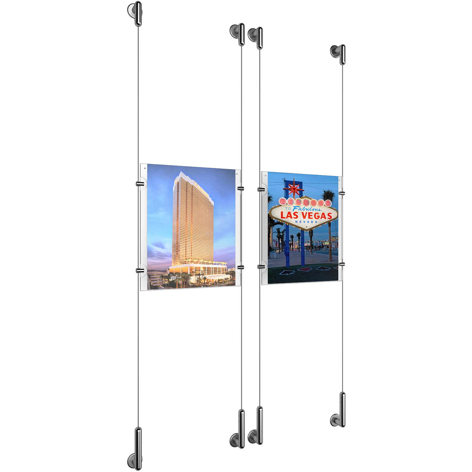 (2) 8-1/2'' Width x 11'' Height Clear Acrylic Frame & (4) Wall-to-Wall Stainless Steel Satin Brushed Cable Systems with (8) Single-Sided Panel Grippers