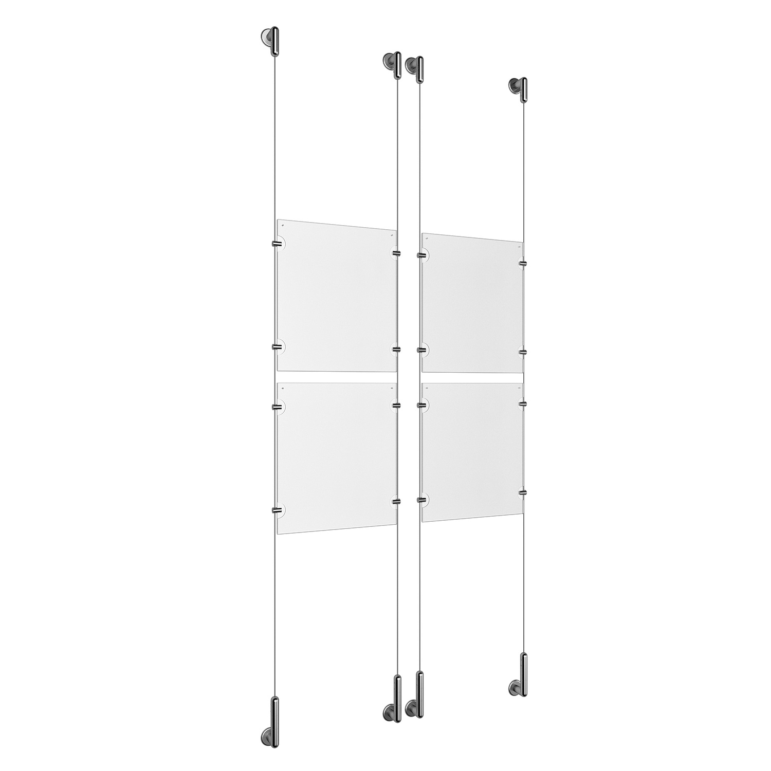 (4) 8-1/2'' Width x 11'' Height Clear Acrylic Frame & (4) Wall-to-Wall Stainless Steel Satin Brushed Cable Systems with (16) Single-Sided Panel Grippers