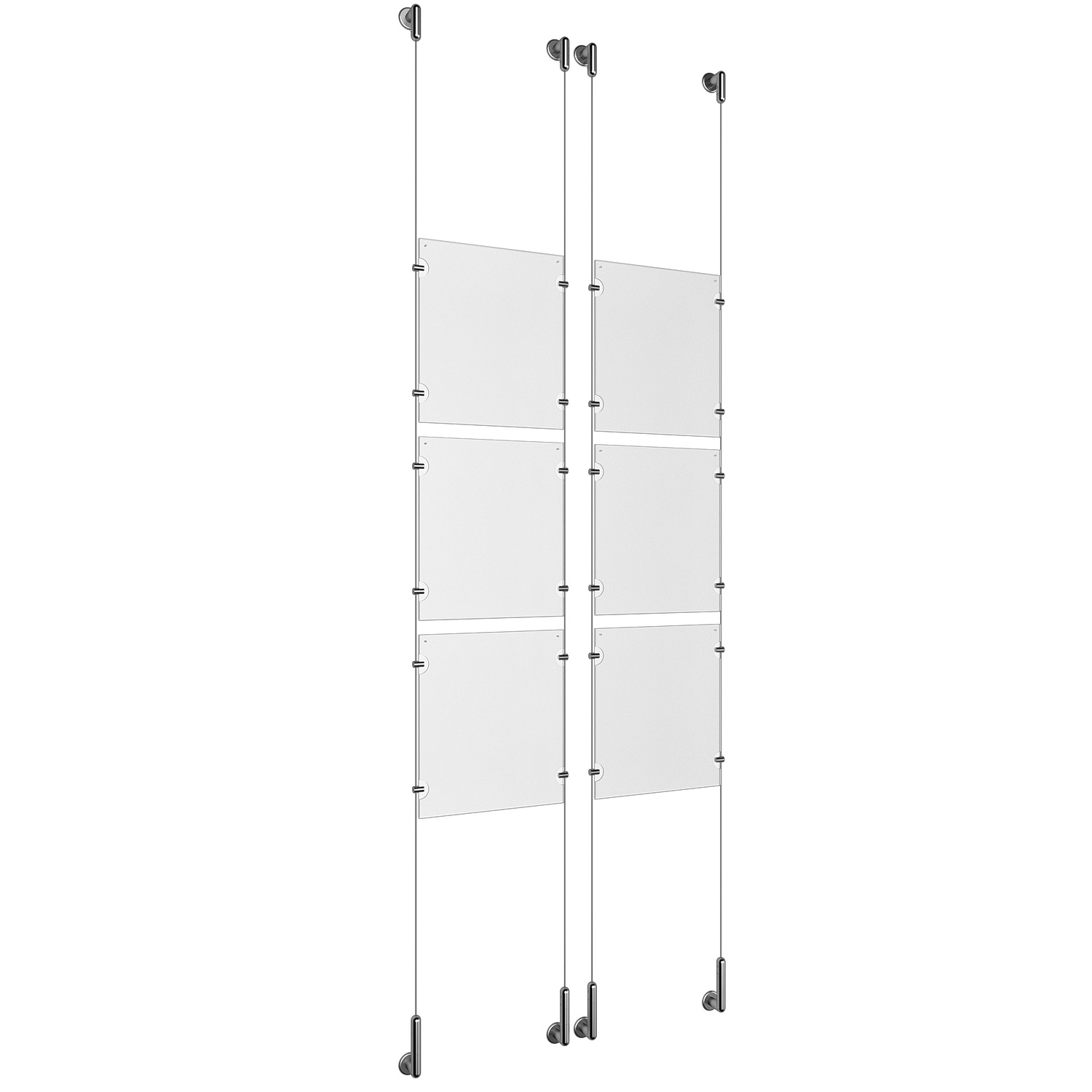 (6) 8-1/2'' Width x 11'' Height Clear Acrylic Frame & (4) Wall-to-Wall Stainless Steel Satin Brushed Cable Systems with (24) Single-Sided Panel Grippers