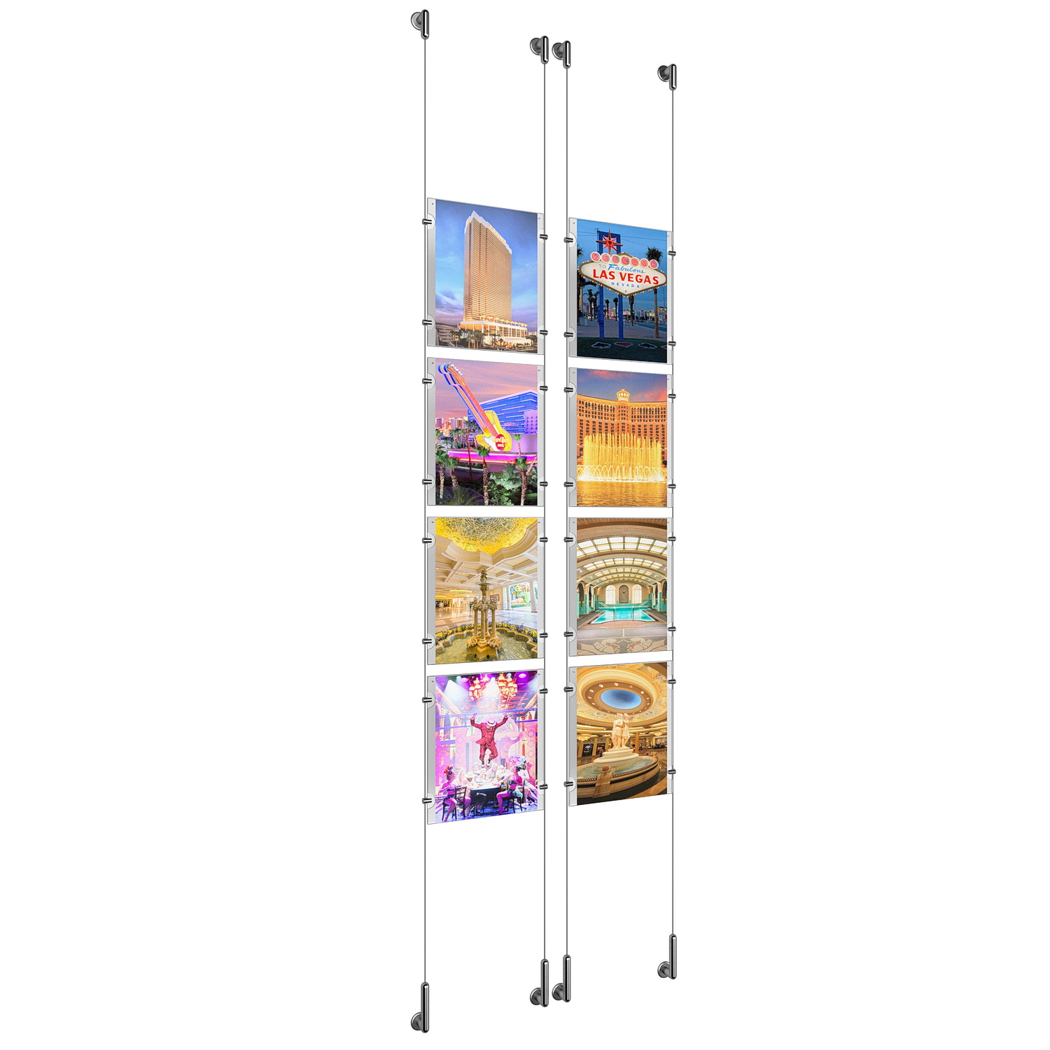 (8) 8-1/2'' Width x 11'' Height Clear Acrylic Frame & (4) Wall-to-Wall Stainless Steel Satin Brushed Cable Systems with (32) Single-Sided Panel Grippers