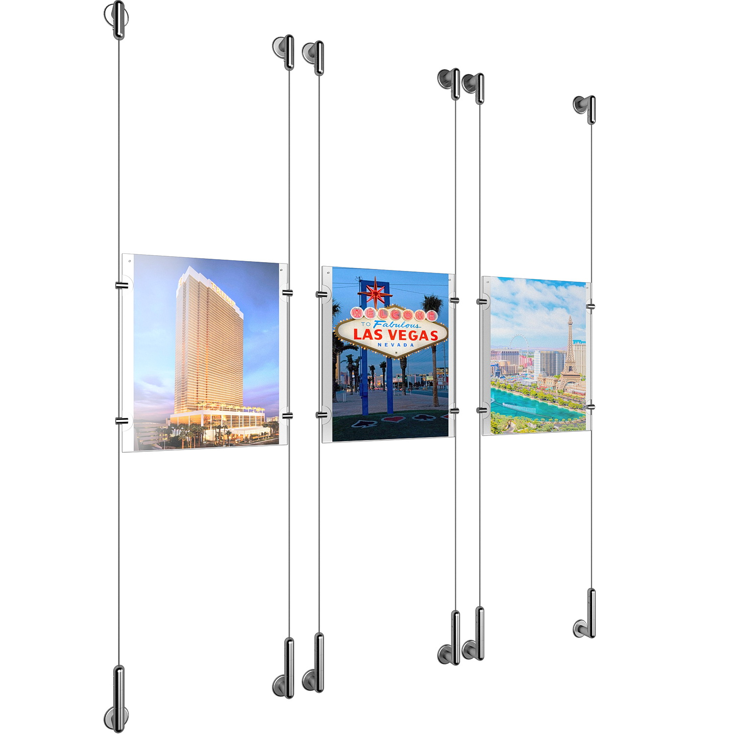 (3) 8-1/2'' Width x 11'' Height Clear Acrylic Frame & (6) Wall-to-Wall Stainless Steel Satin Brushed Cable Systems with (12) Single-Sided Panel Grippers