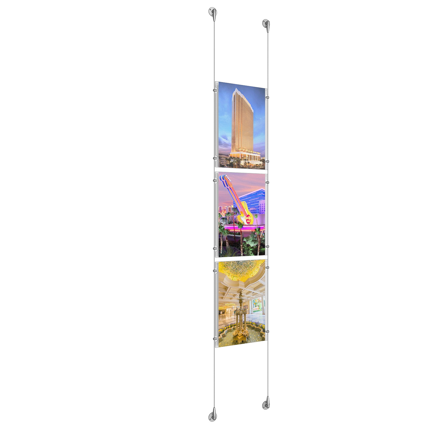 (3) 11'' Width x 17'' Height Clear Acrylic Frame & (2) Aluminum Clear Anodized Adjustable Angle Signature Cable Systems with (12) Single-Sided Panel Grippers