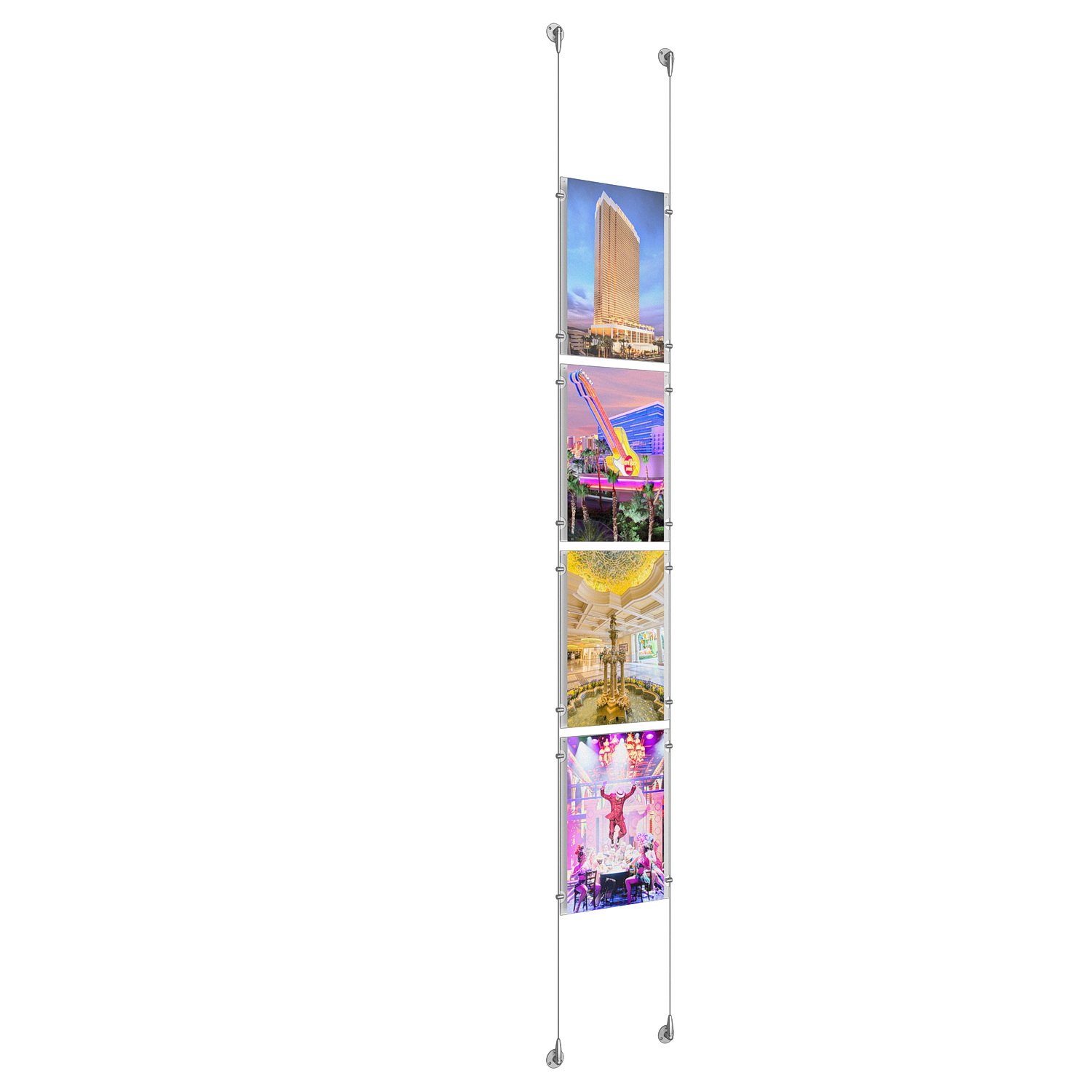 (4) 11'' Width x 17'' Height Clear Acrylic Frame & (2) Aluminum Clear Anodized Adjustable Angle Signature Cable Systems with (16) Single-Sided Panel Grippers