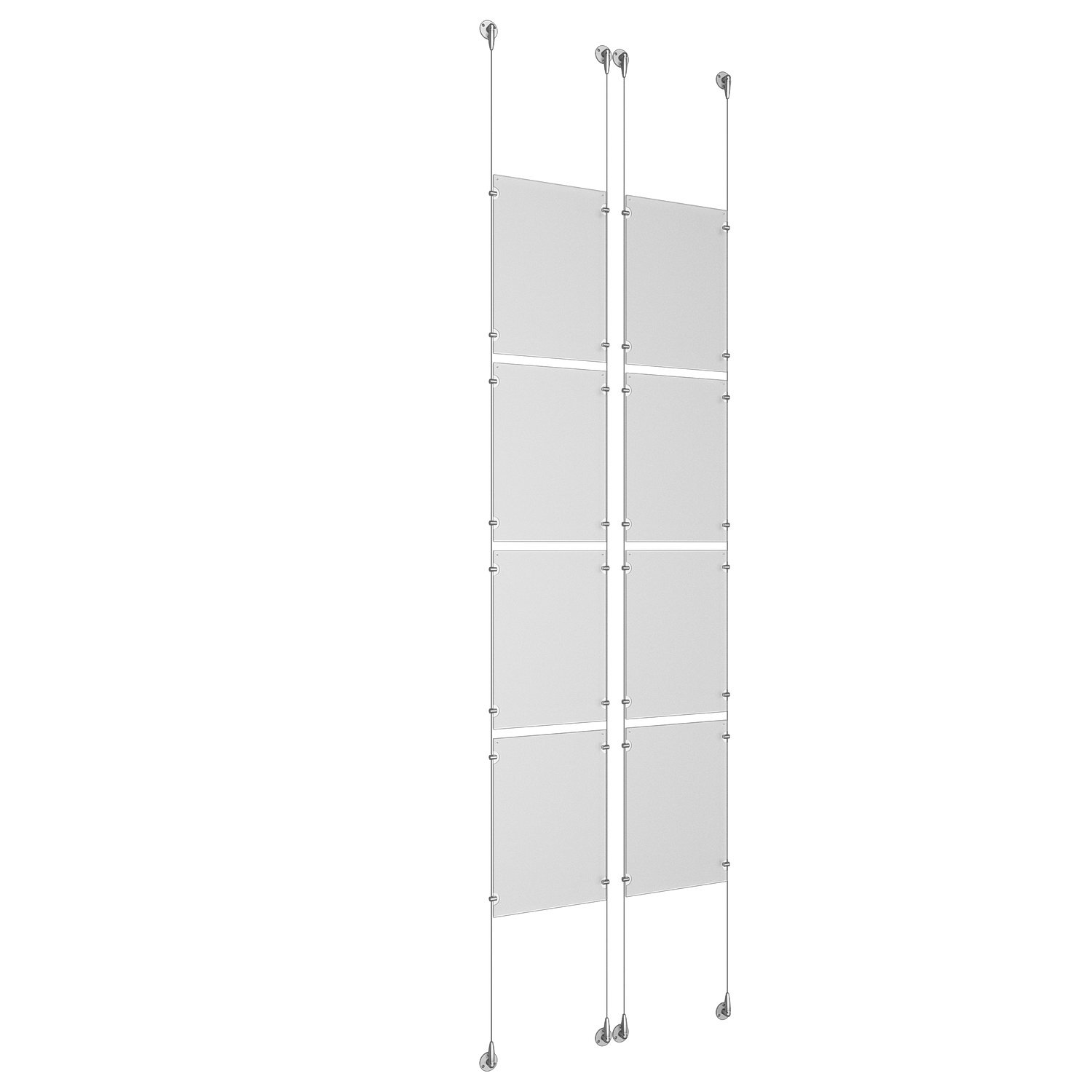 (8) 11'' Width x 17'' Height Clear Acrylic Frame & (4) Aluminum Clear Anodized Adjustable Angle Signature Cable Systems with (32) Single-Sided Panel Grippers