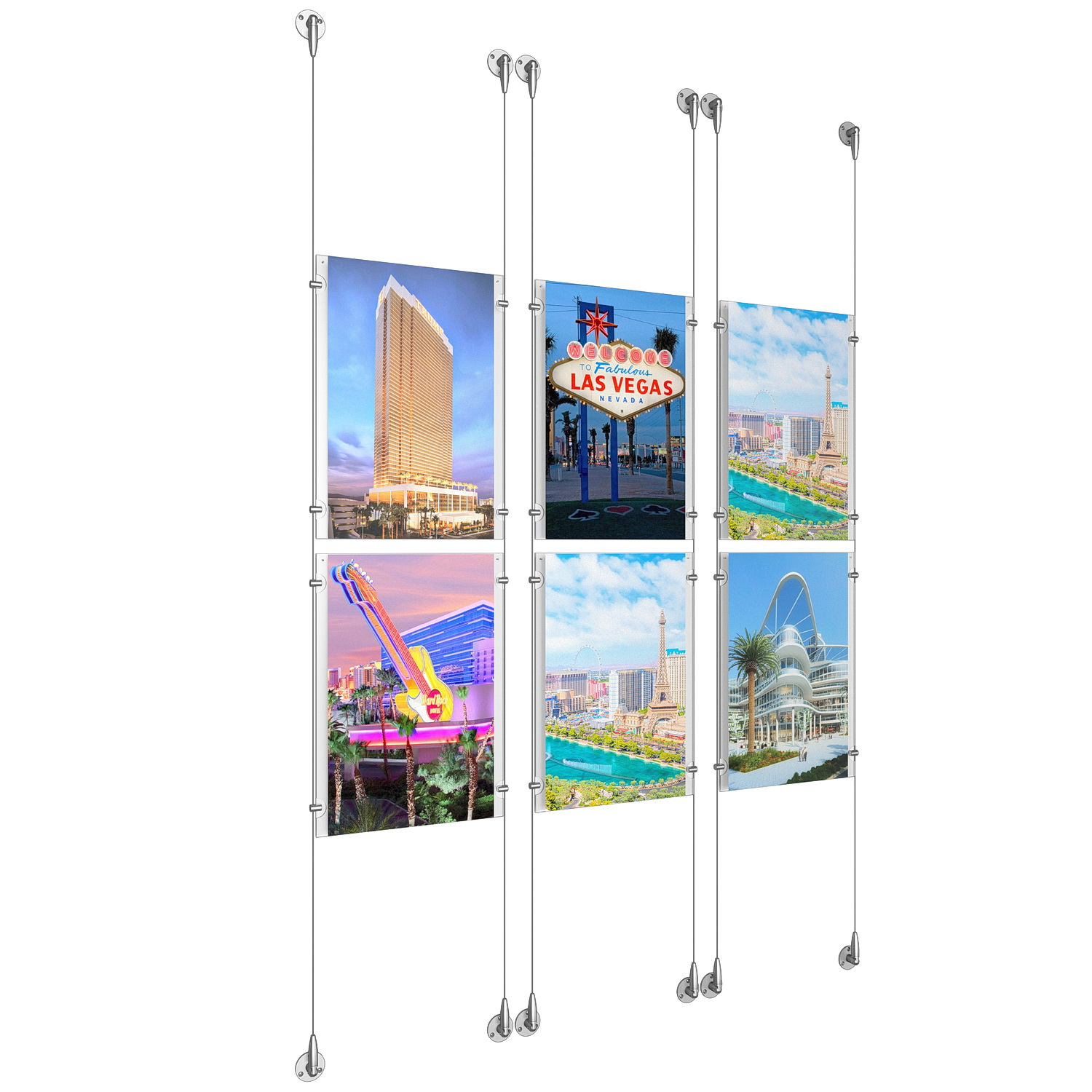 (6) 11'' Width x 17'' Height Clear Acrylic Frame & (6) Aluminum Clear Anodized Adjustable Angle Signature Cable Systems with (24) Single-Sided Panel Grippers