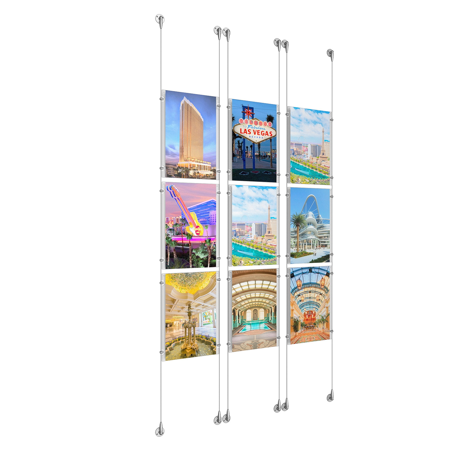 (9) 11'' Width x 17'' Height Clear Acrylic Frame & (6) Aluminum Clear Anodized Adjustable Angle Signature Cable Systems with (36) Single-Sided Panel Grippers