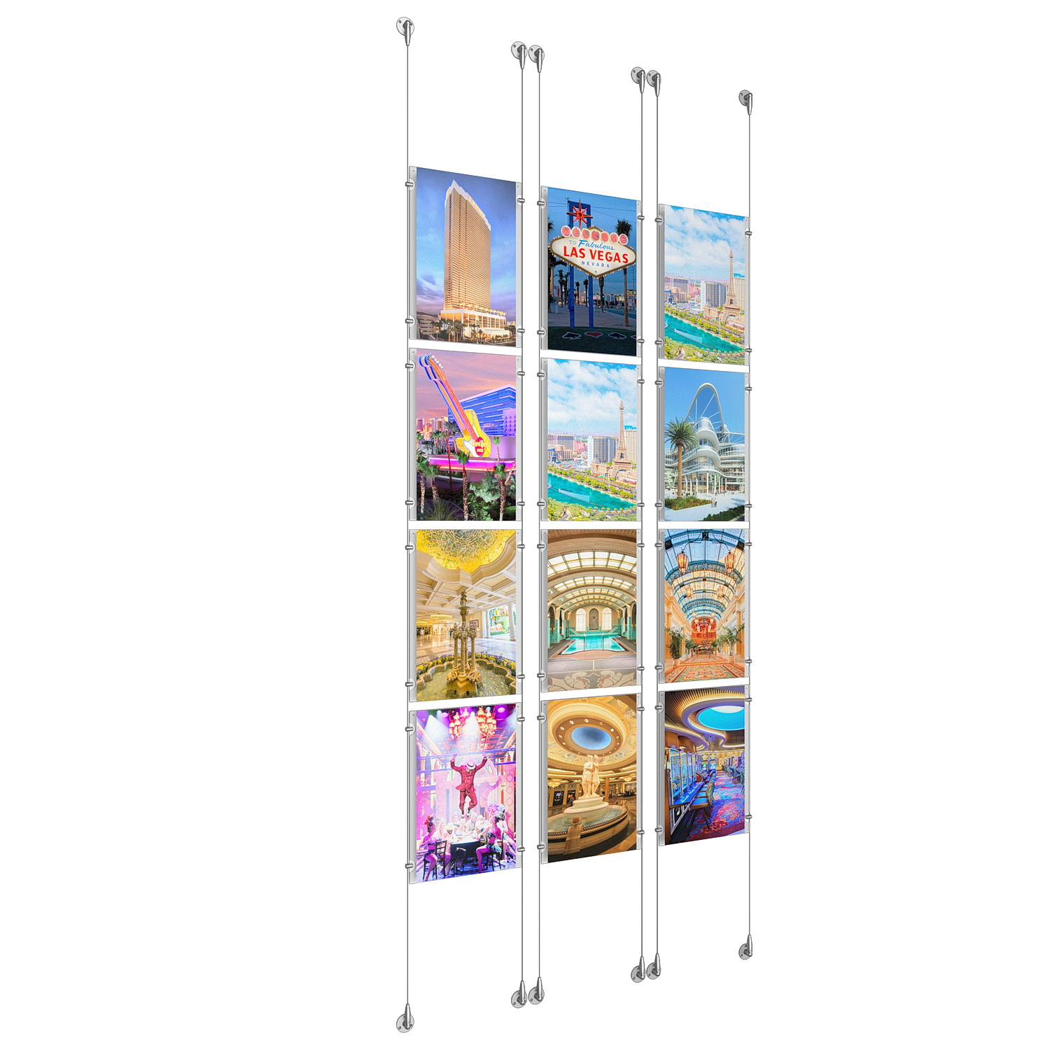 (12) 11'' Width x 17'' Height Clear Acrylic Frame & (6) Aluminum Clear Anodized Adjustable Angle Signature Cable Systems with (48) Single-Sided Panel Grippers