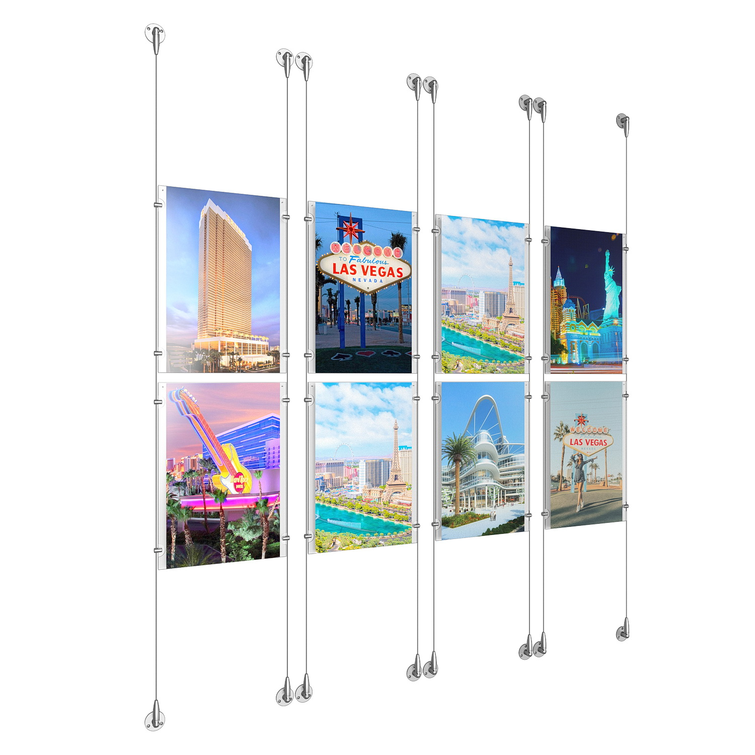(8) 11'' Width x 17'' Height Clear Acrylic Frame & (8) Aluminum Clear Anodized Adjustable Angle Signature Cable Systems with (32) Single-Sided Panel Grippers