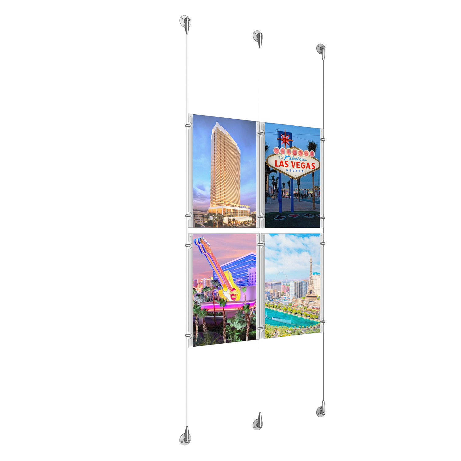 (4) 11'' Width x 17'' Height Clear Acrylic Frame & (3) Aluminum Clear Anodized Adjustable Angle Signature Cable Systems with (8) Single-Sided Panel Grippers (4) Double-Sided Panel Grippers