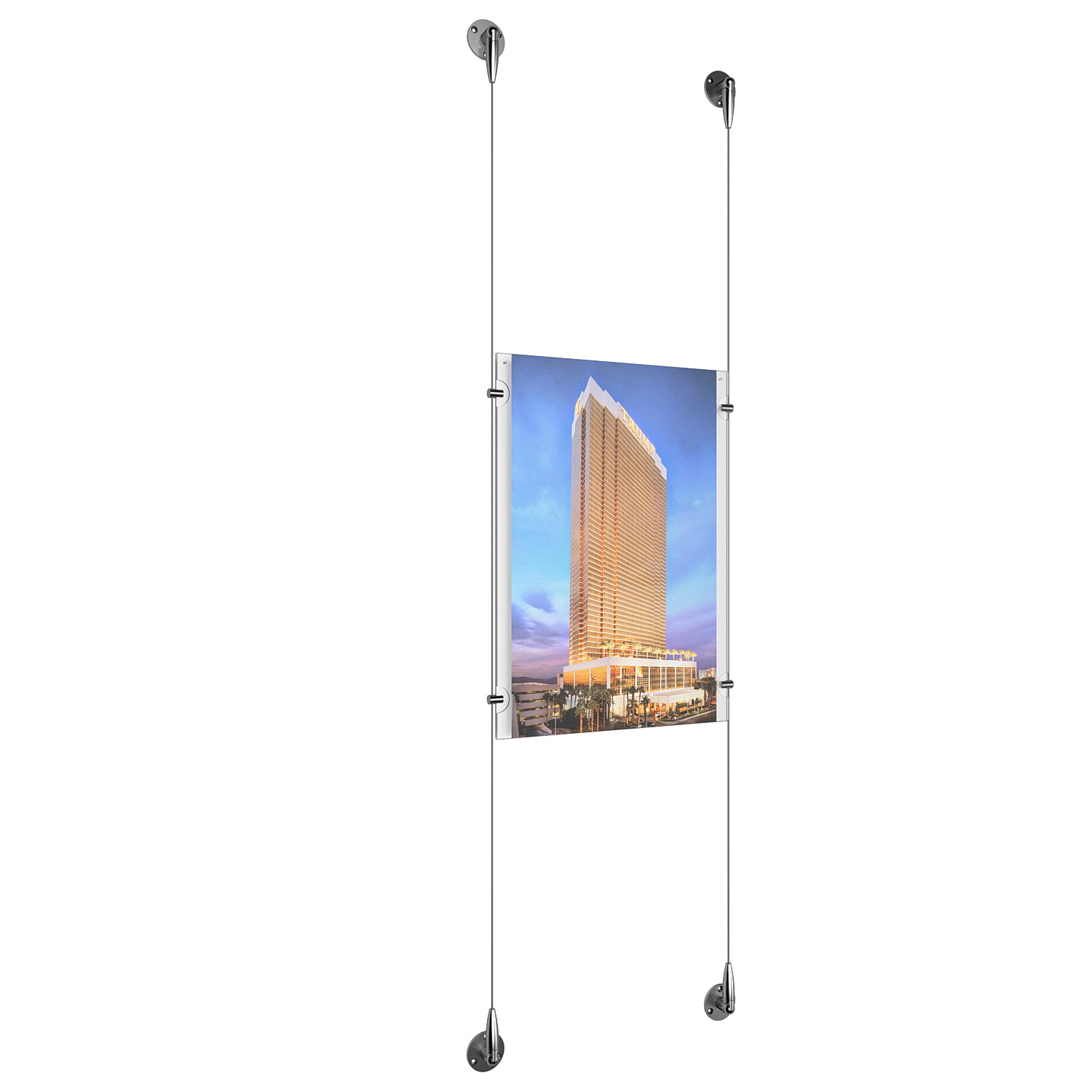 (1) 11'' Width x 17'' Height Clear Acrylic Frame & (2) Aluminum Chrome Polished Adjustable Angle Signature Cable Systems with (4) Single-Sided Panel Grippers