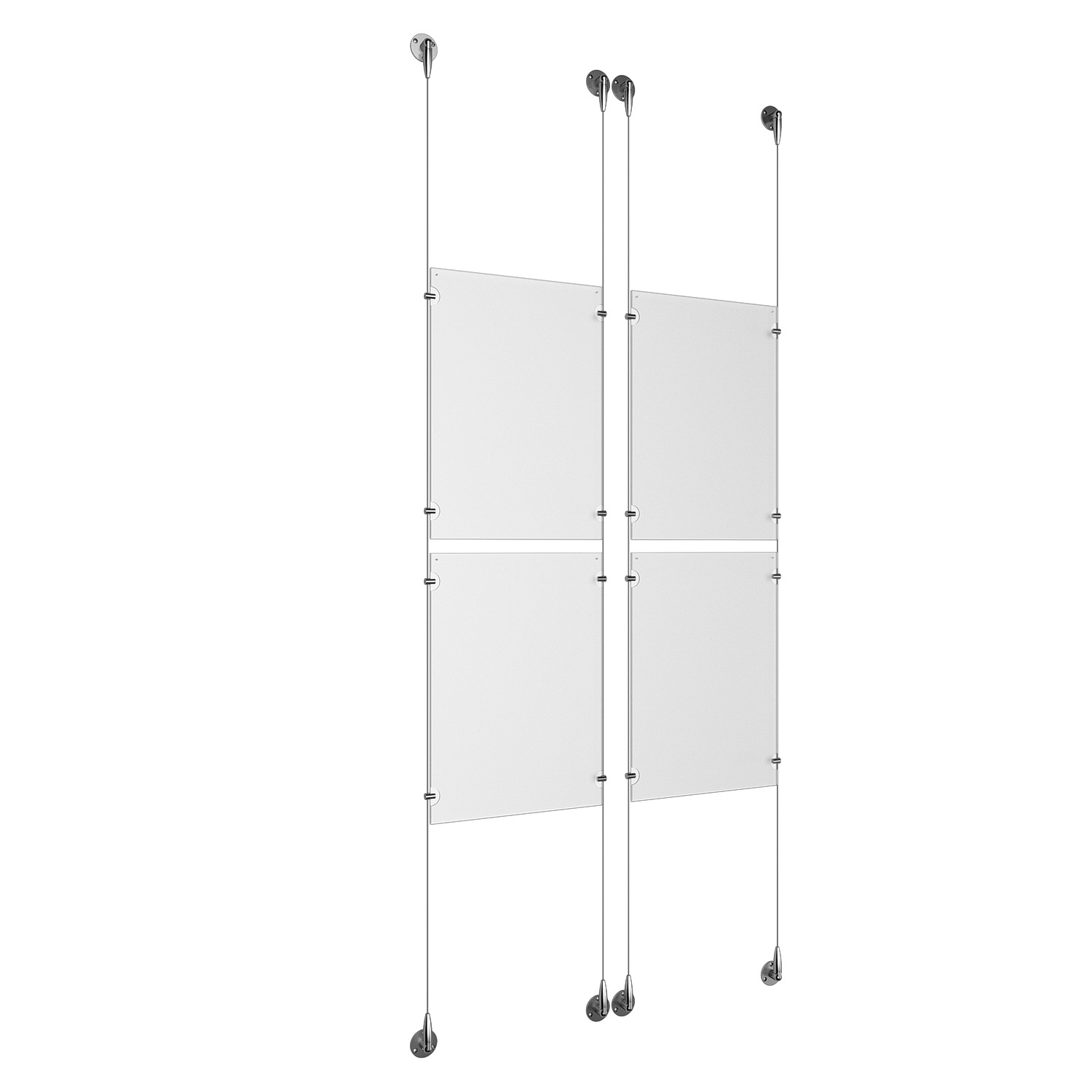 (4) 11'' Width x 17'' Height Clear Acrylic Frame & (4) Aluminum Chrome Polished Adjustable Angle Signature Cable Systems with (16) Single-Sided Panel Grippers