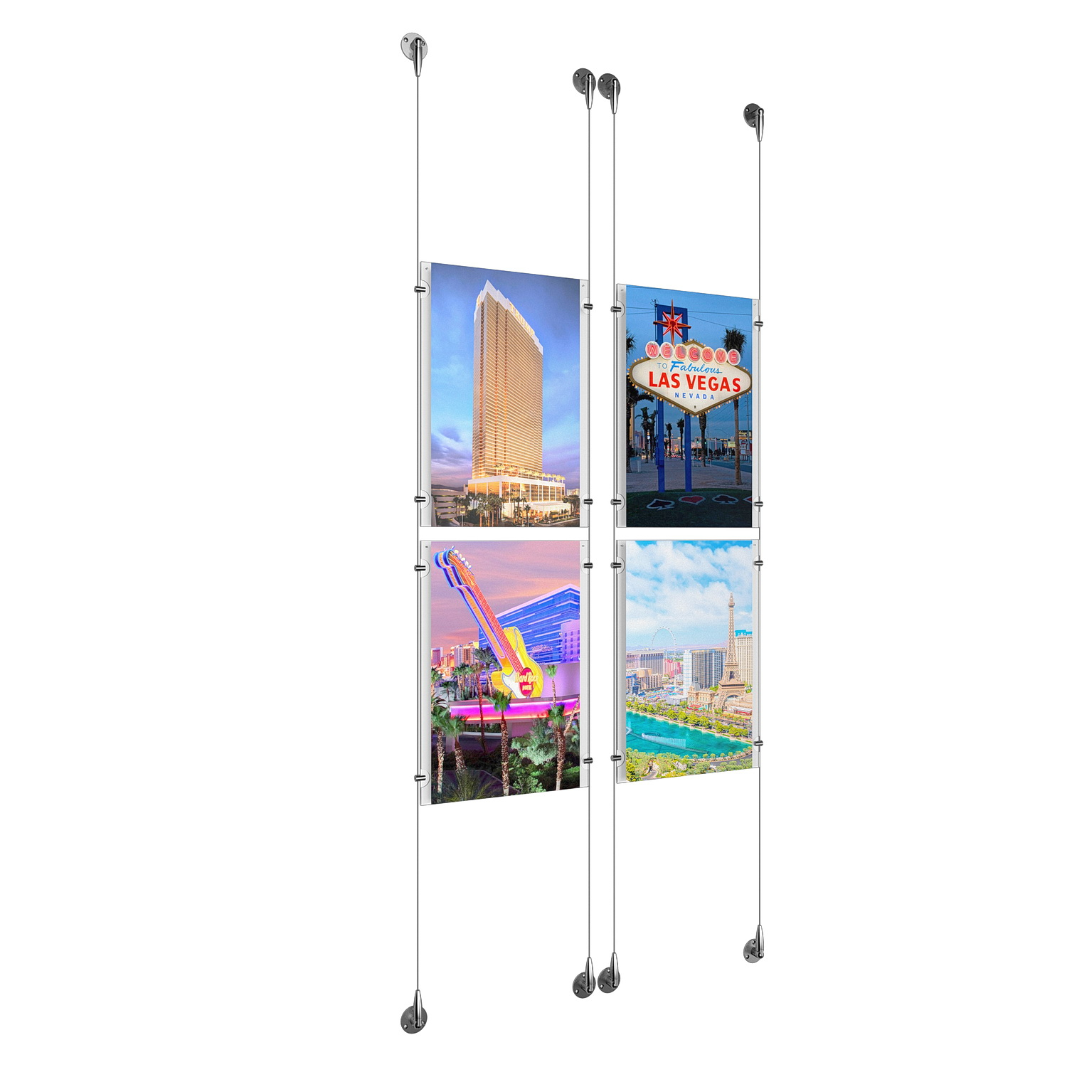 (4) 11'' Width x 17'' Height Clear Acrylic Frame & (4) Aluminum Chrome Polished Adjustable Angle Signature Cable Systems with (16) Single-Sided Panel Grippers