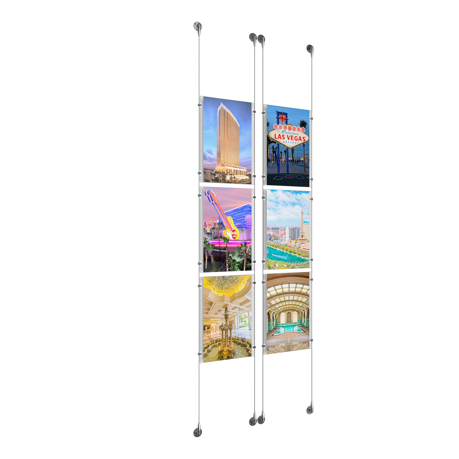 (6) 11'' Width x 17'' Height Clear Acrylic Frame & (4) Aluminum Chrome Polished Adjustable Angle Signature Cable Systems with (24) Single-Sided Panel Grippers