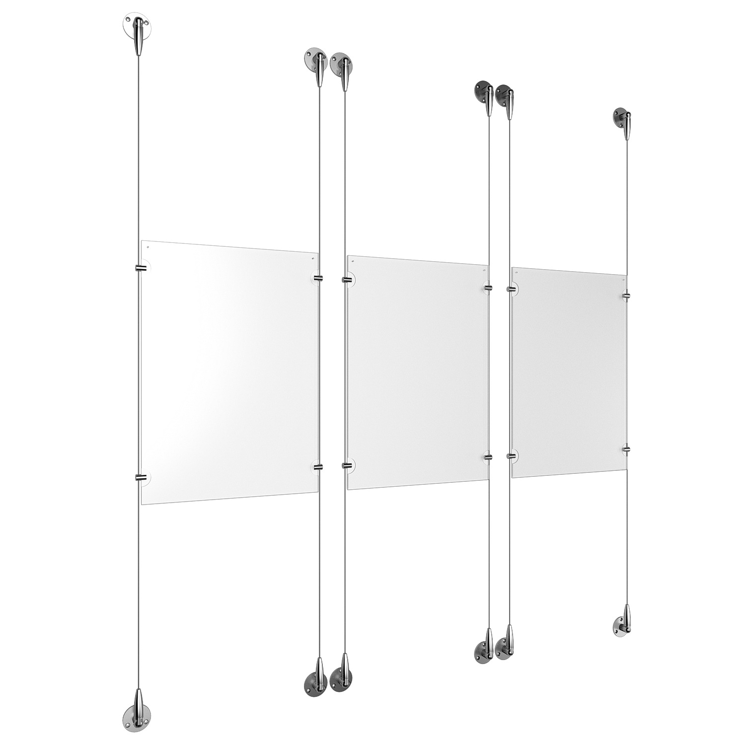 (3) 11'' Width x 17'' Height Clear Acrylic Frame & (6) Aluminum Chrome Polished Adjustable Angle Signature Cable Systems with (12) Single-Sided Panel Grippers