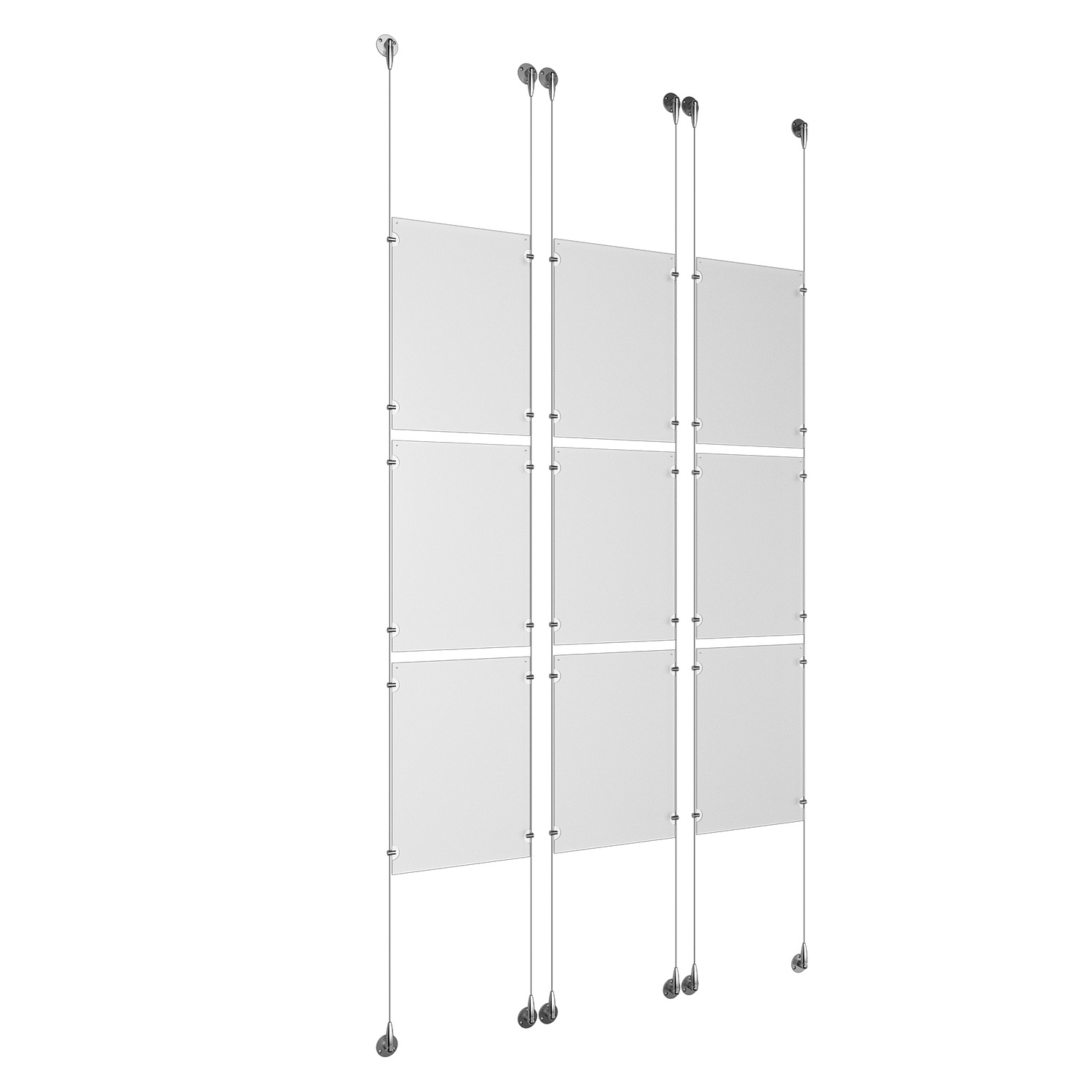 (9) 11'' Width x 17'' Height Clear Acrylic Frame & (6) Aluminum Chrome Polished Adjustable Angle Signature Cable Systems with (36) Single-Sided Panel Grippers