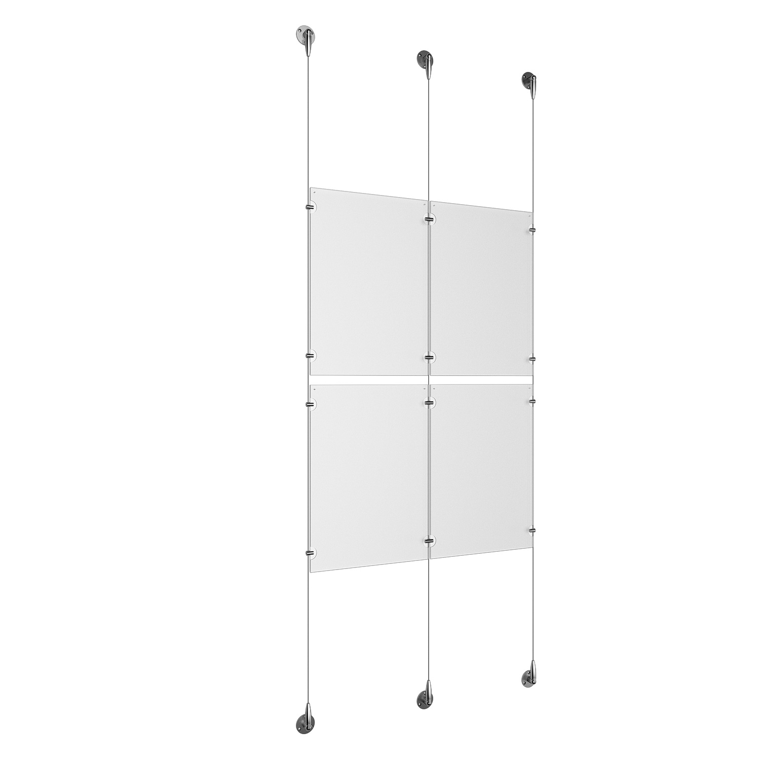 (4) 11'' Width x 17'' Height Clear Acrylic Frame & (3) Aluminum Chrome Polished Adjustable Angle Signature Cable Systems with (8) Single-Sided Panel Grippers (4) Double-Sided Panel Grippers