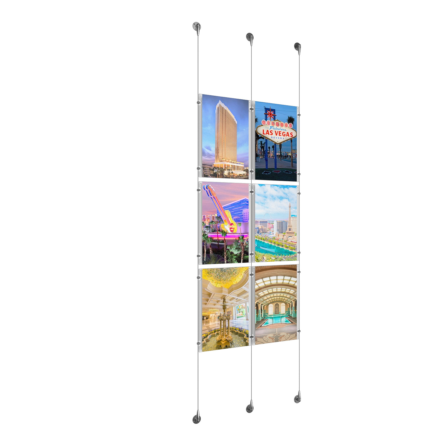 (6) 11'' Width x 17'' Height Clear Acrylic Frame & (3) Aluminum Chrome Polished Adjustable Angle Signature Cable Systems with (12) Single-Sided Panel Grippers (6) Double-Sided Panel Grippers