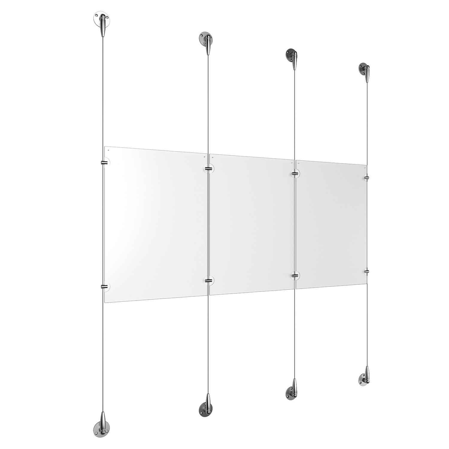 (3) 11'' Width x 17'' Height Clear Acrylic Frame & (4) Aluminum Chrome Polished Adjustable Angle Signature Cable Systems with (4) Single-Sided Panel Grippers (4) Double-Sided Panel Grippers
