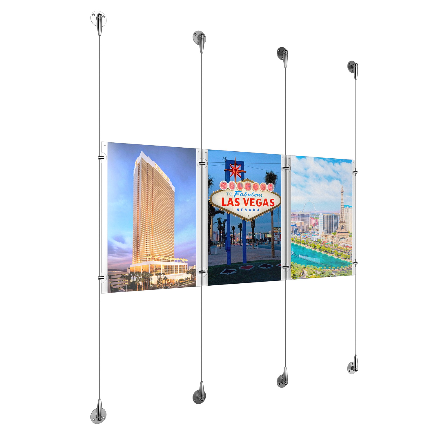 (3) 11'' Width x 17'' Height Clear Acrylic Frame & (4) Aluminum Chrome Polished Adjustable Angle Signature Cable Systems with (4) Single-Sided Panel Grippers (4) Double-Sided Panel Grippers