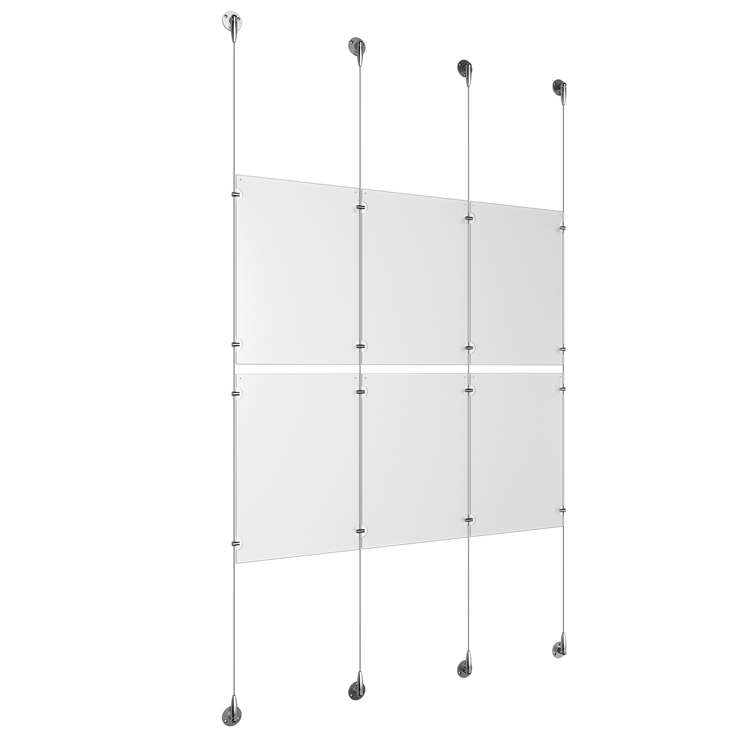 (6) 11'' Width x 17'' Height Clear Acrylic Frame & (4) Aluminum Chrome Polished Adjustable Angle Signature Cable Systems with (8) Single-Sided Panel Grippers (8) Double-Sided Panel Grippers